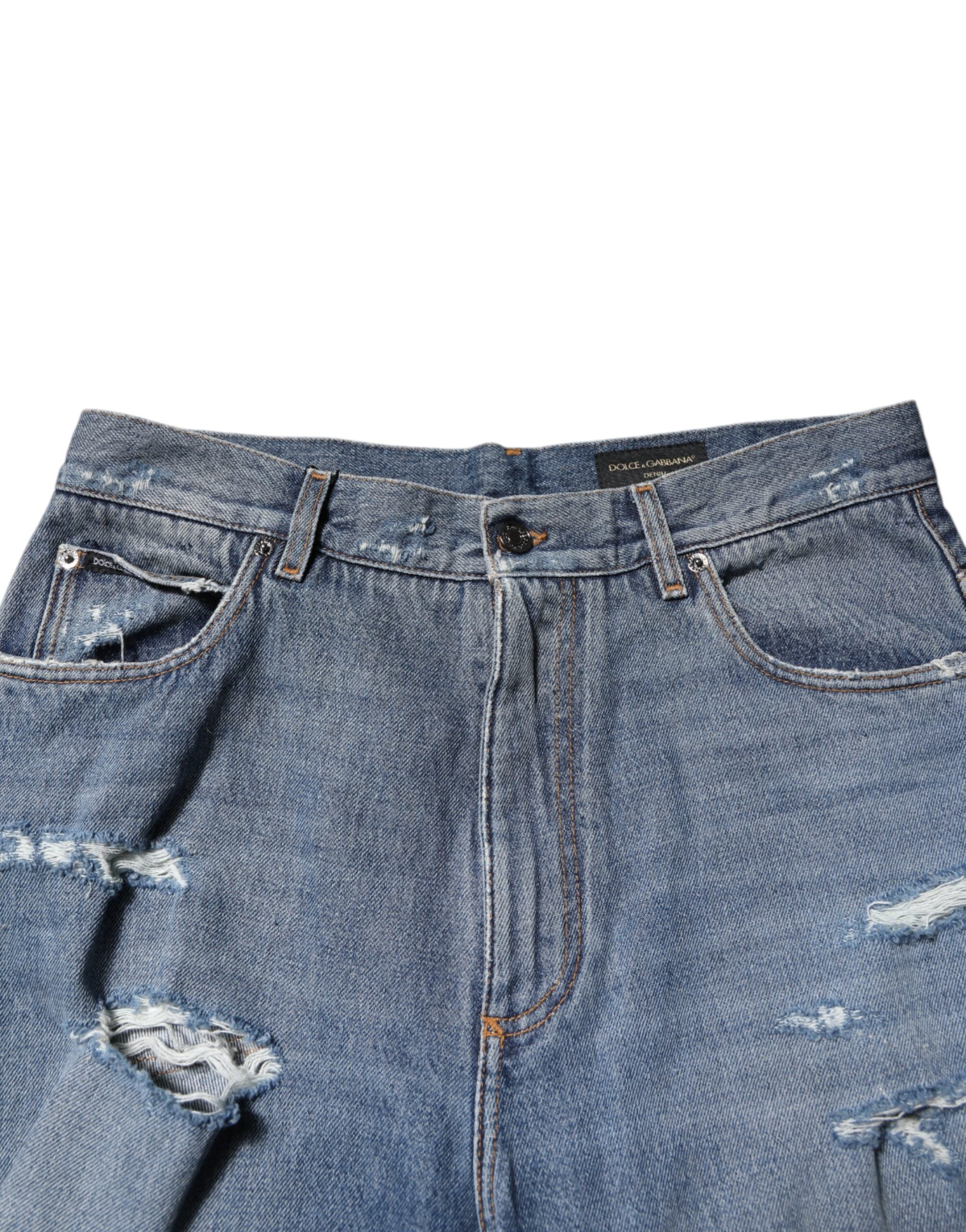 Blue Tattered Cotton Logo Plaque Denim Jeans - ventzia