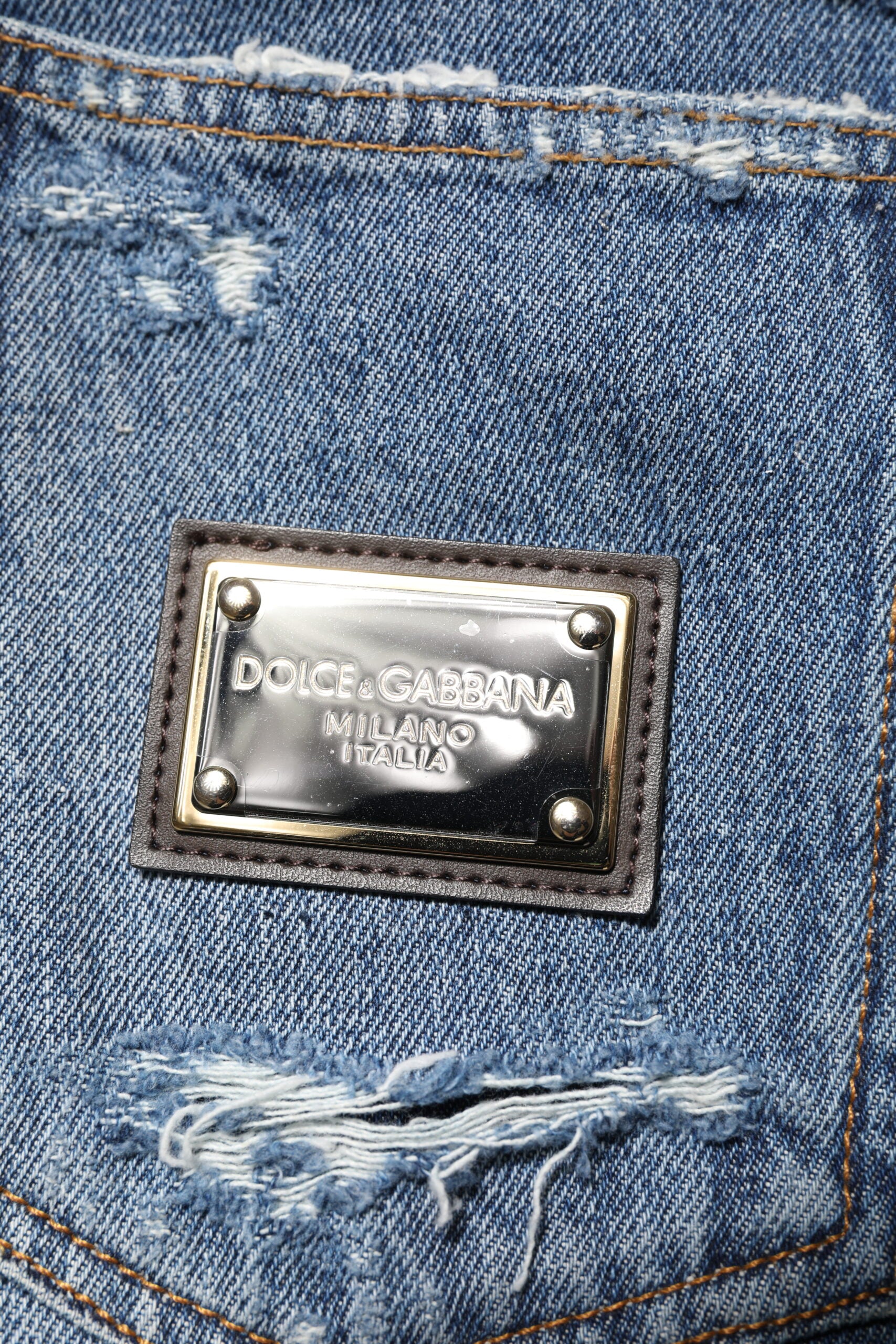 Blue Tattered Cotton Logo Plaque Denim Jeans - ventzia