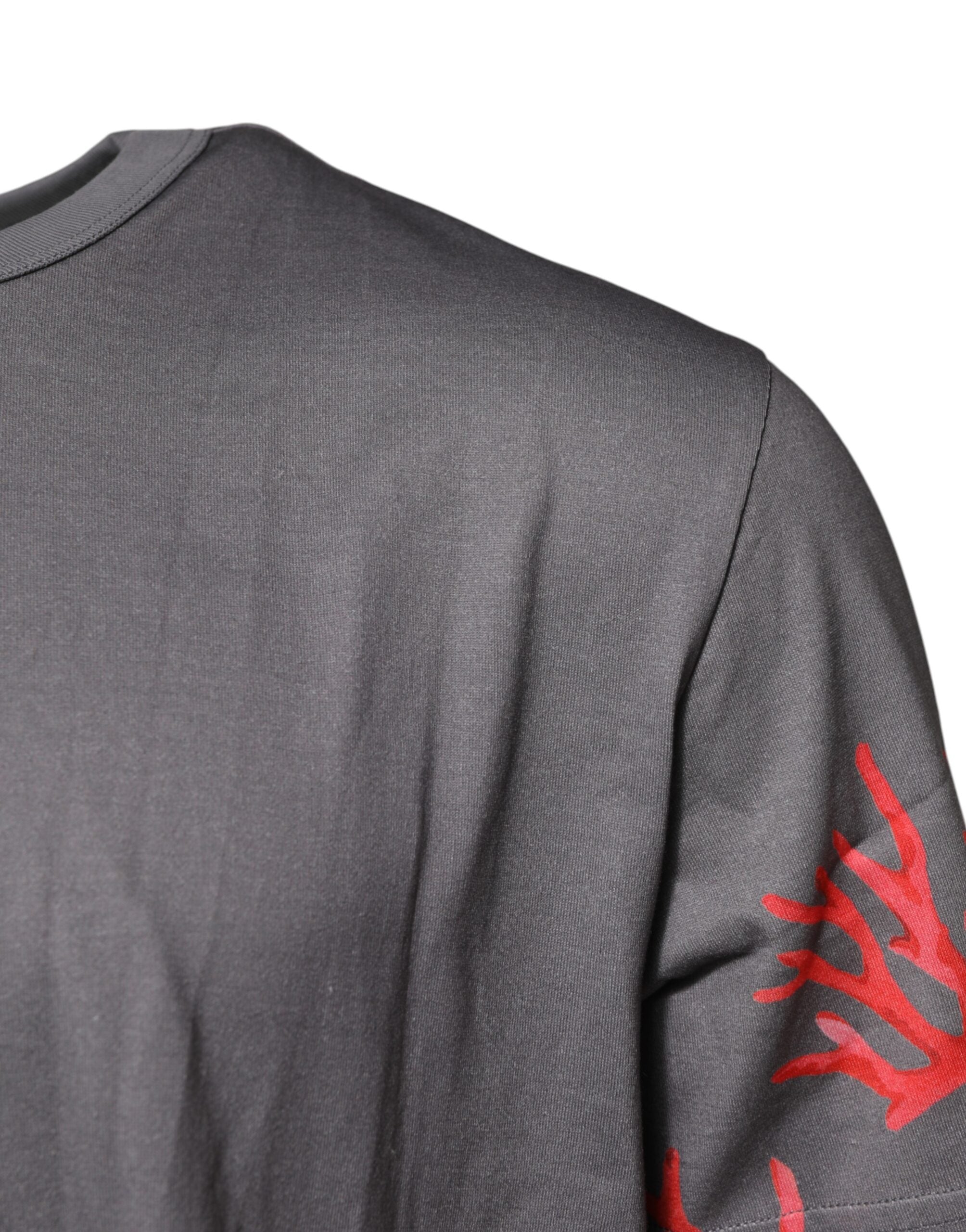 Gray Cotton Coral Print Logo Plaque T-shirt - ventzia