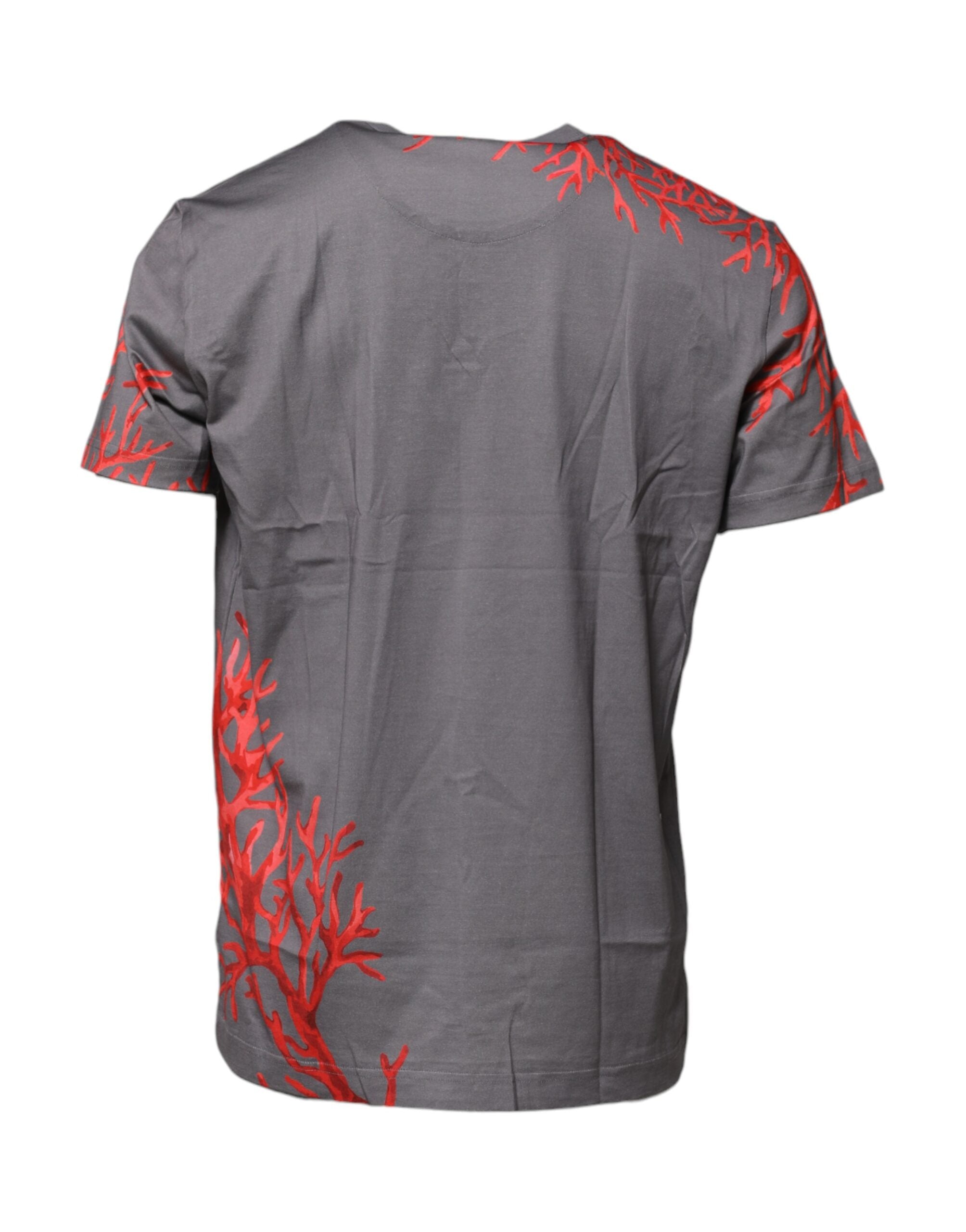 Gray Cotton Coral Print Logo Plaque T-shirt - ventzia