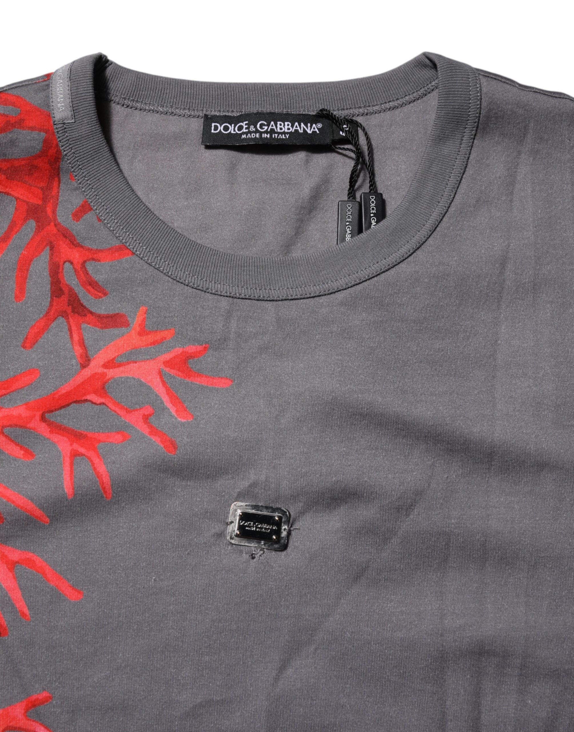 Gray Cotton Coral Print Logo Plaque T-shirt - ventzia
