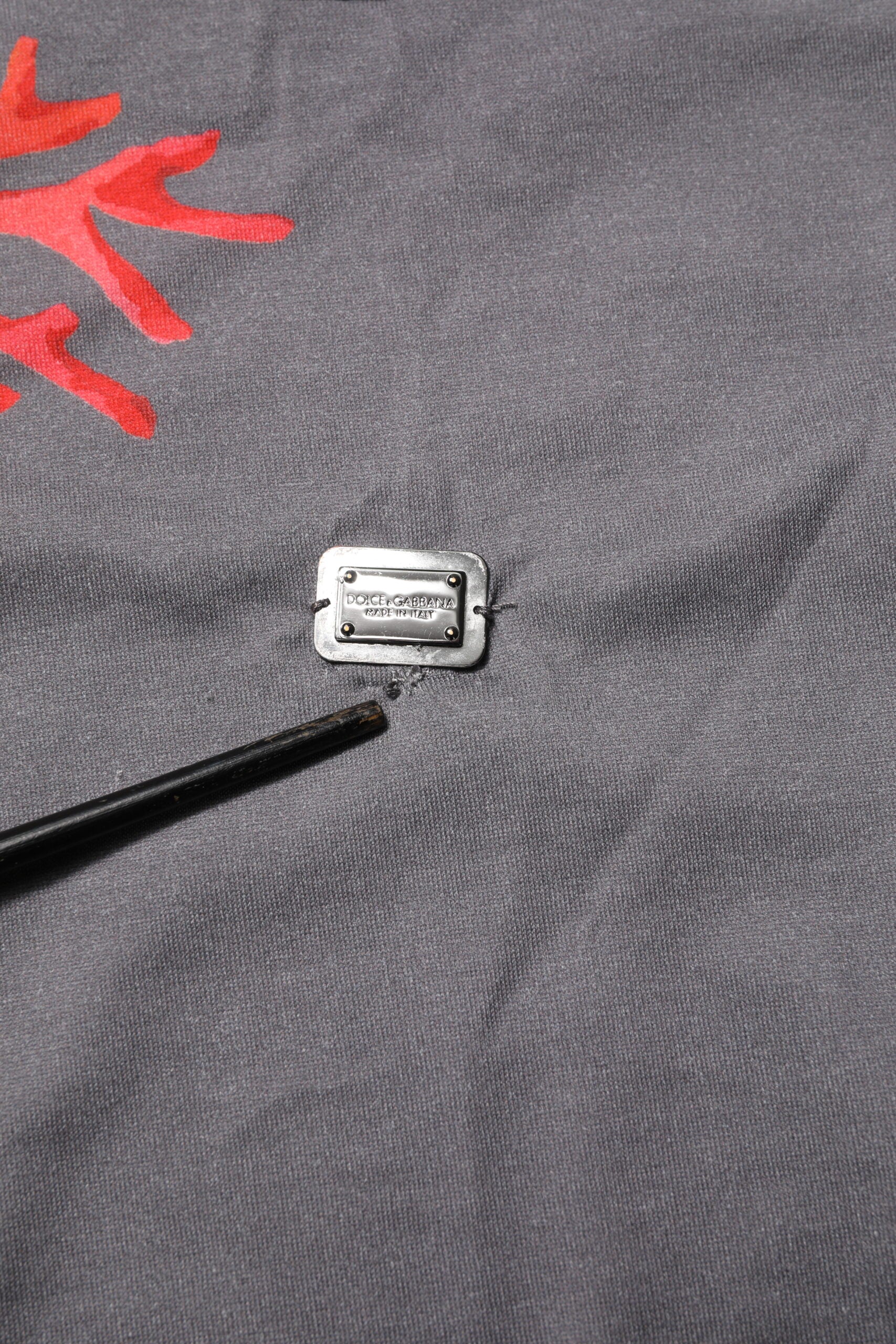 Gray Cotton Coral Print Logo Plaque T-shirt - ventzia