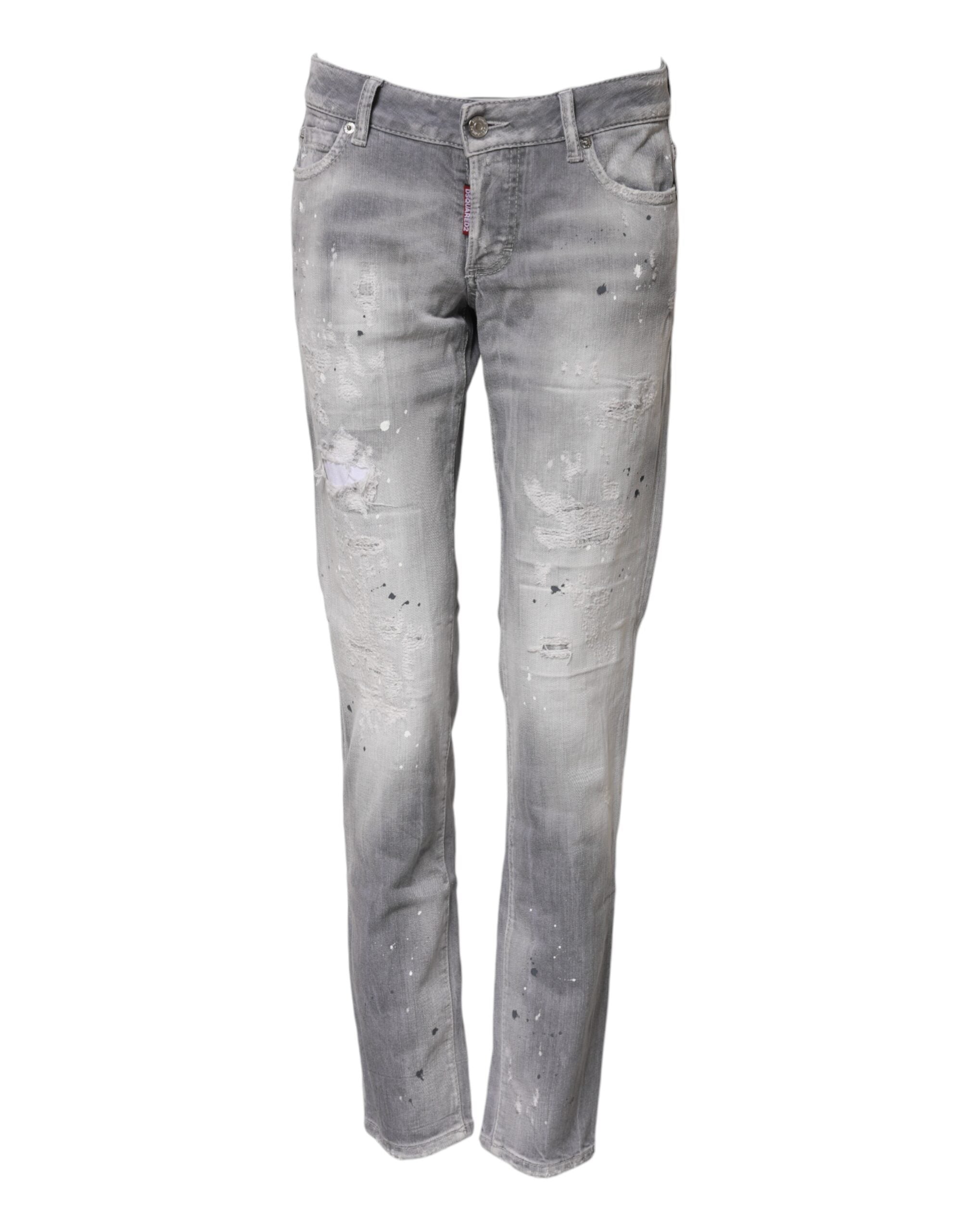 Gray Washed Mid Waist Tapered Denim Jeans - ventzia