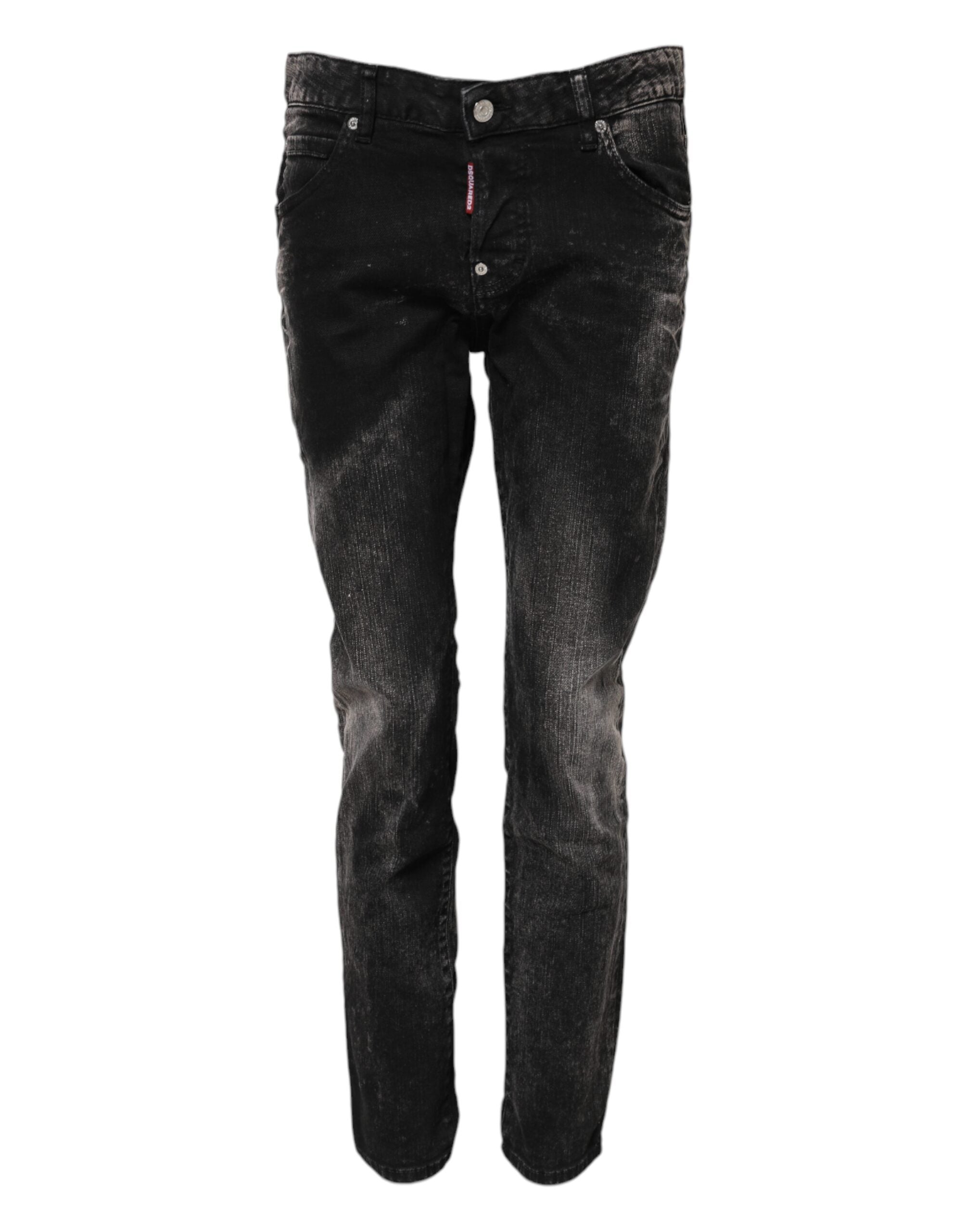 Black Washed Mid Waist Tapered Denim Jeans - ventzia