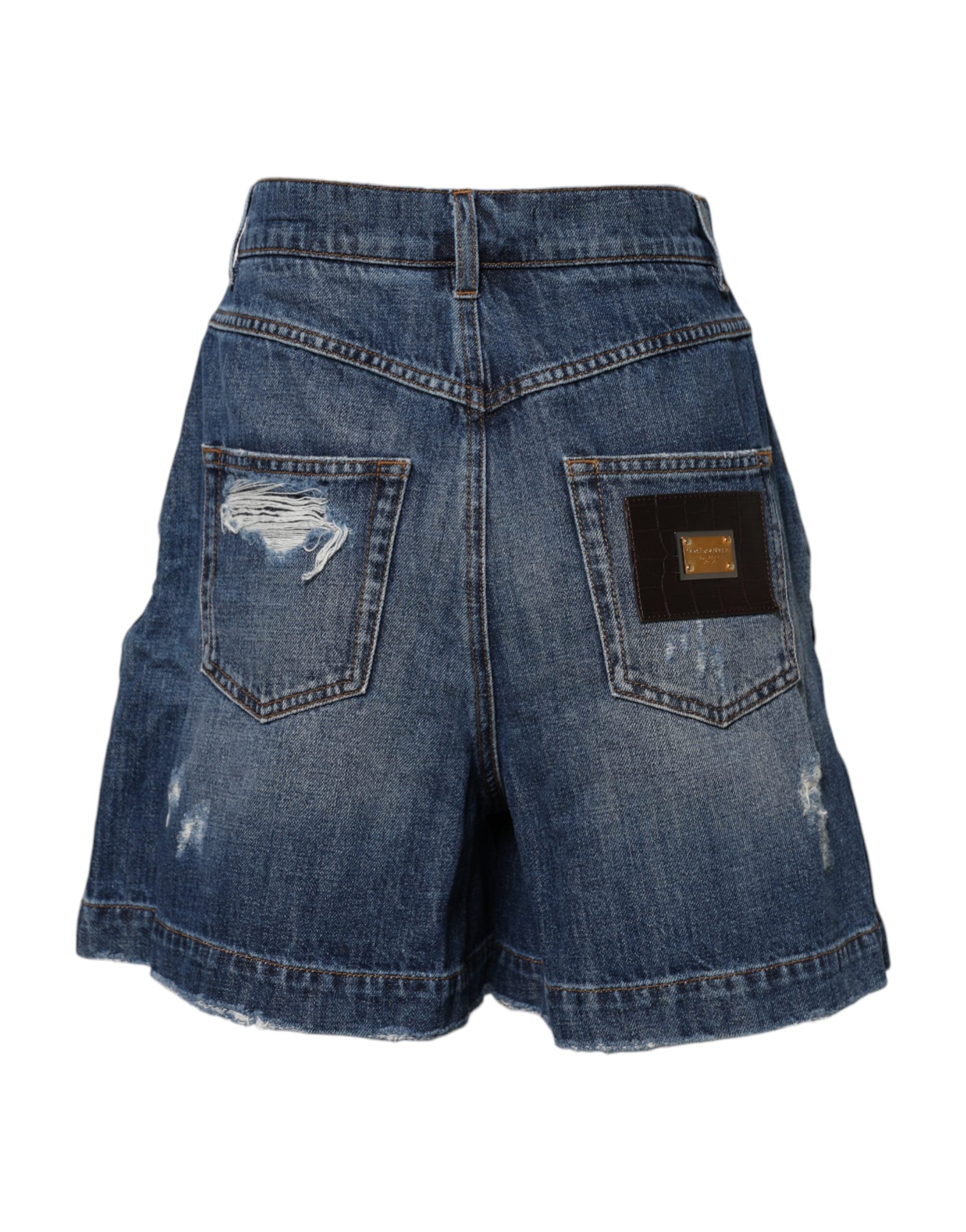 Blue Cotton Tattered Denim Bermuda Shorts - ventzia