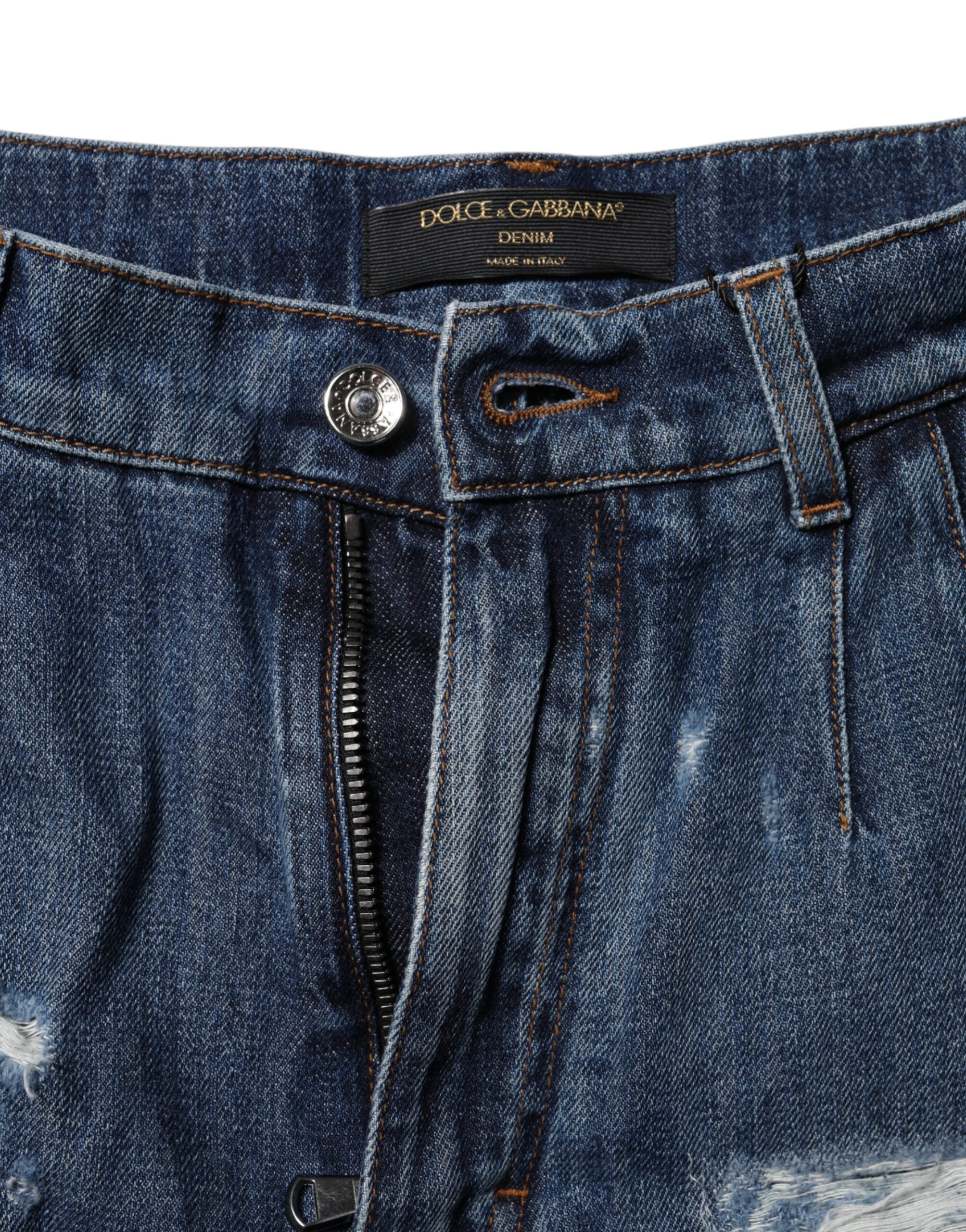Blue Cotton Tattered Denim Bermuda Shorts - ventzia