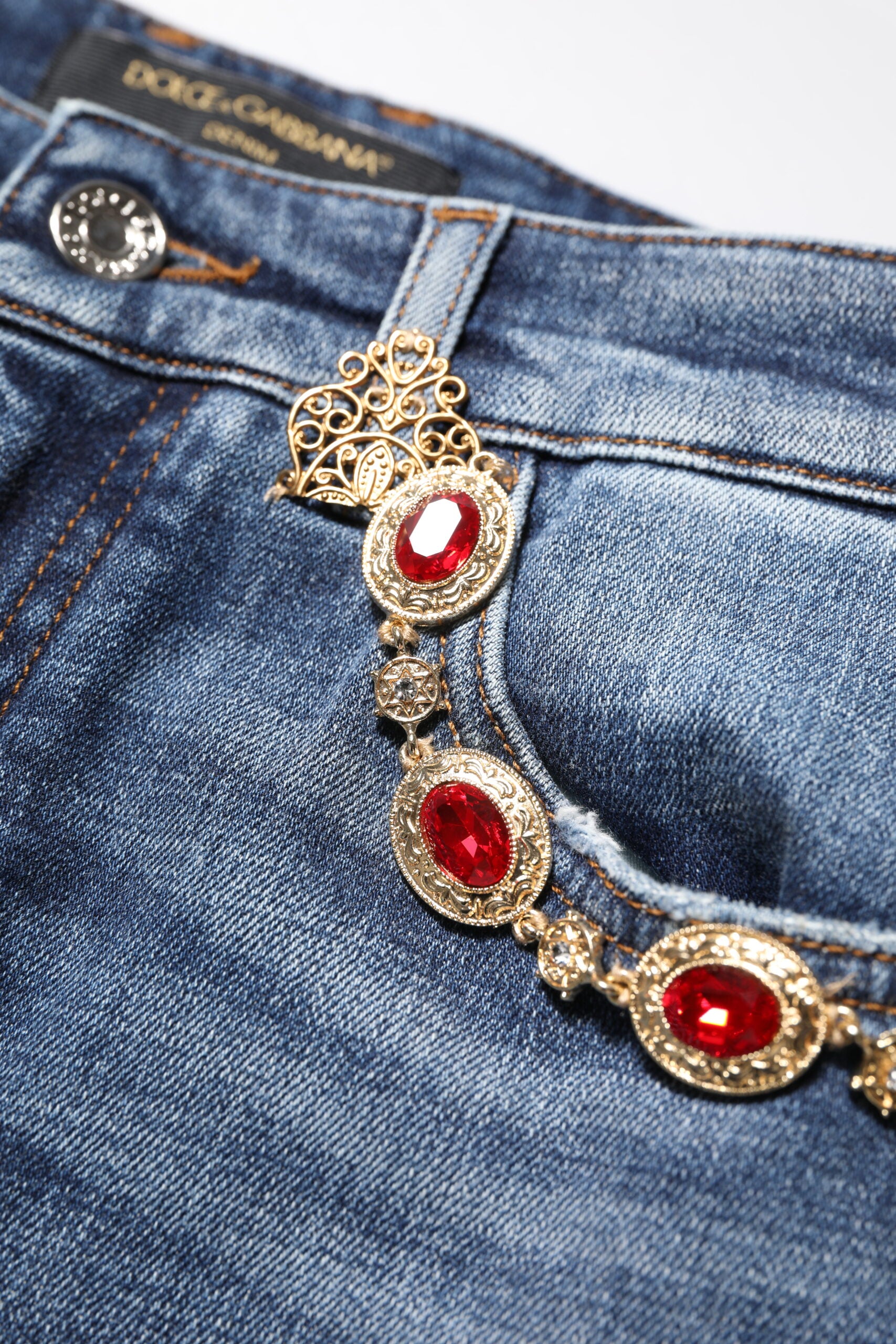 Blue Rhinestone Embellished Denim Jeans - ventzia