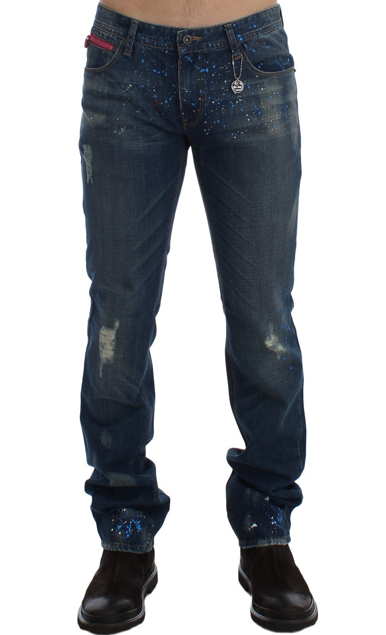 Chic Blue Wash Painted Slim Fit Jeans - ventzia
