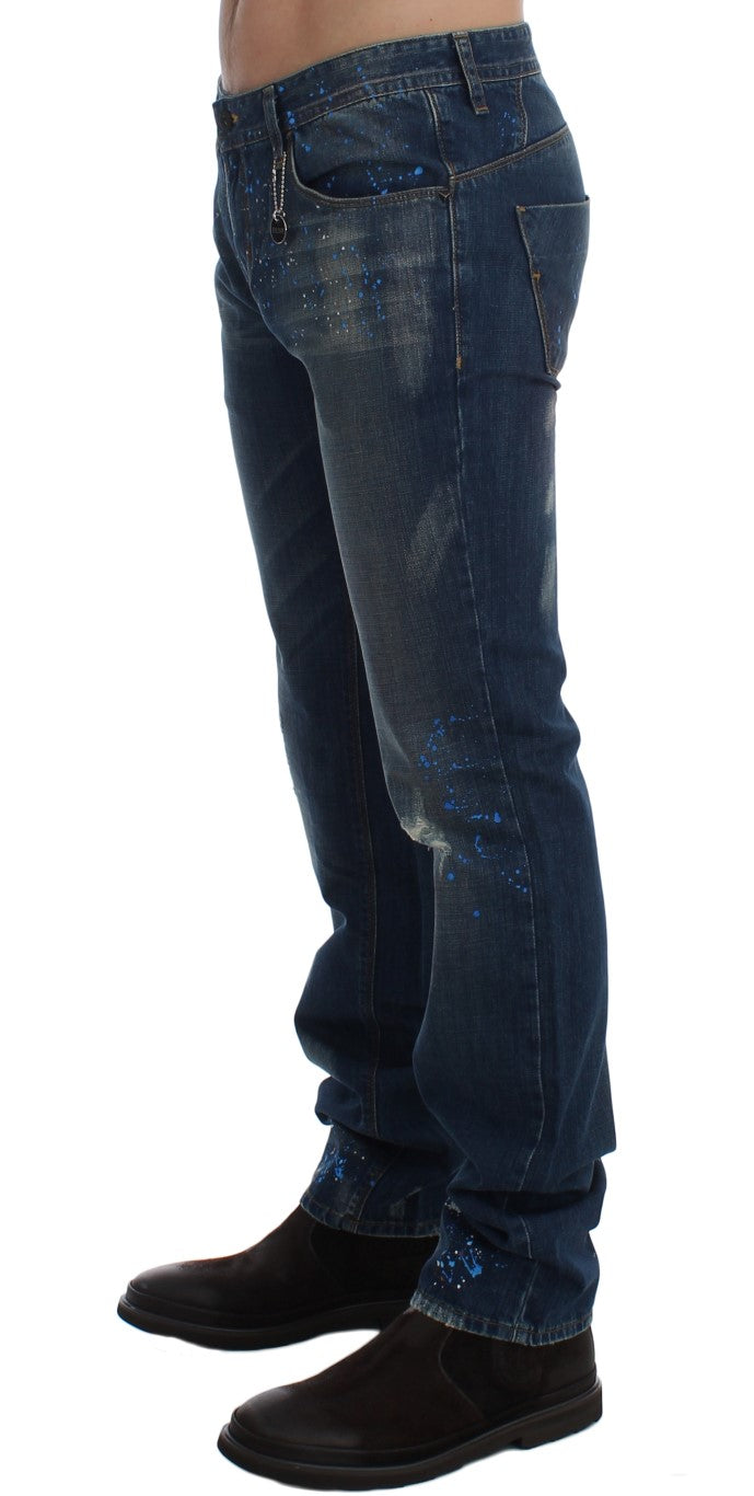 Chic Blue Wash Painted Slim Fit Jeans - ventzia