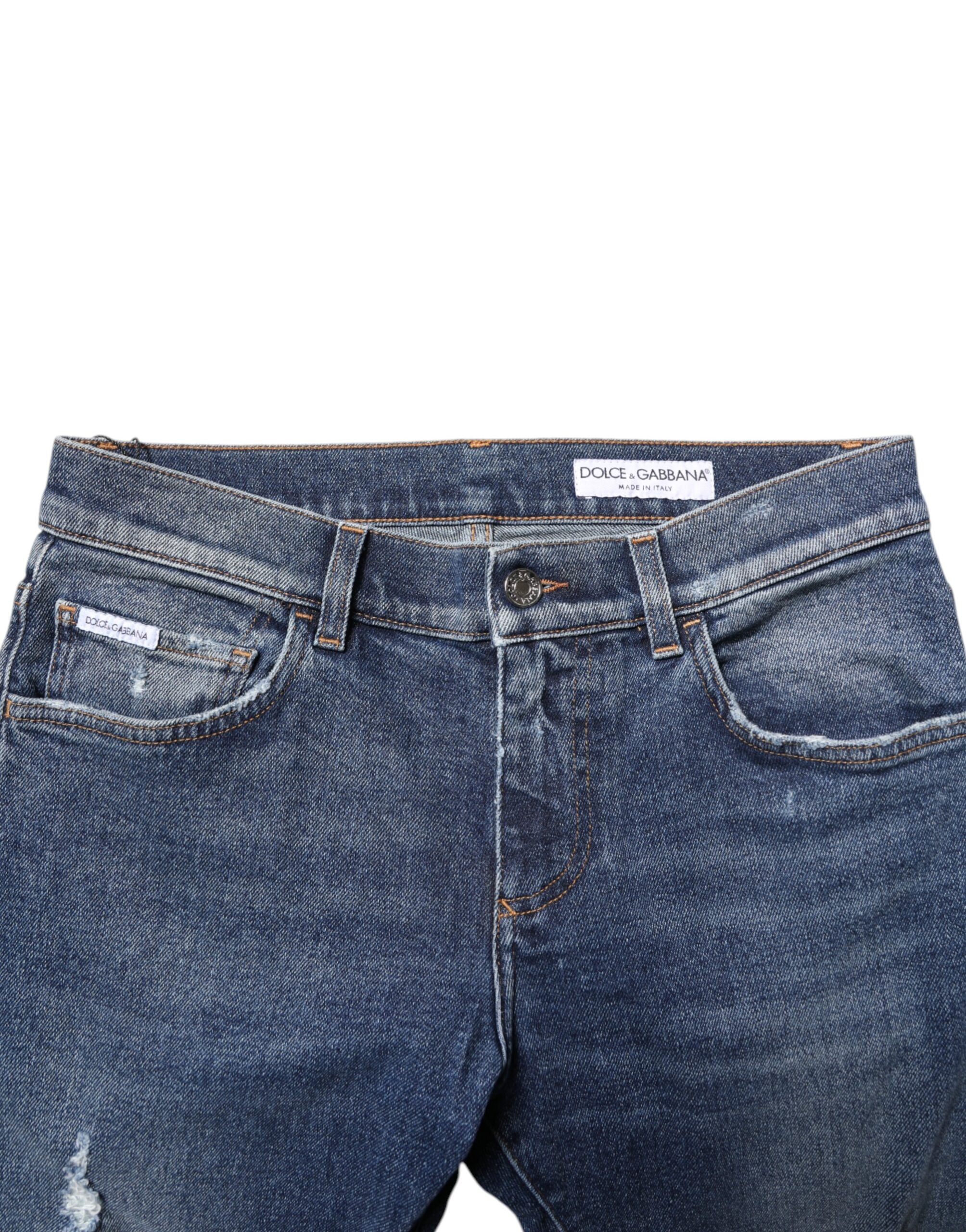 Blue Washed Skinny Cotton Tattered Denim Jeans - ventzia