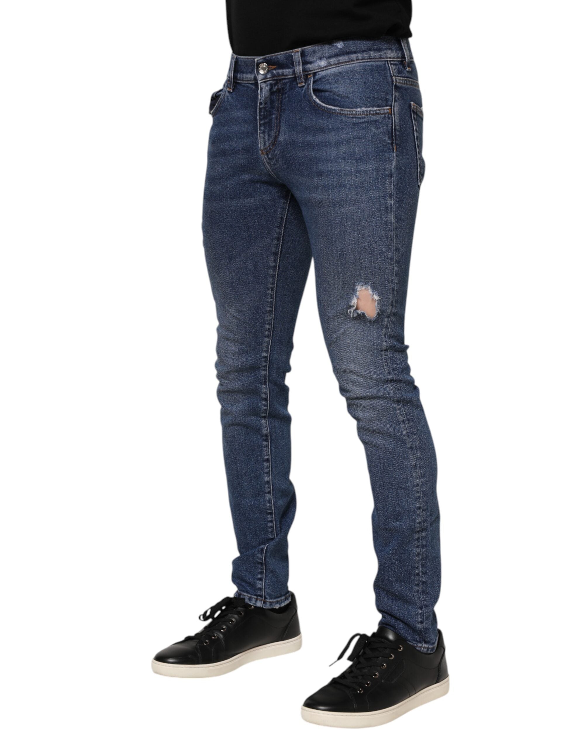 Blue Washed Skinny Cotton Tattered Denim Jeans - ventzia