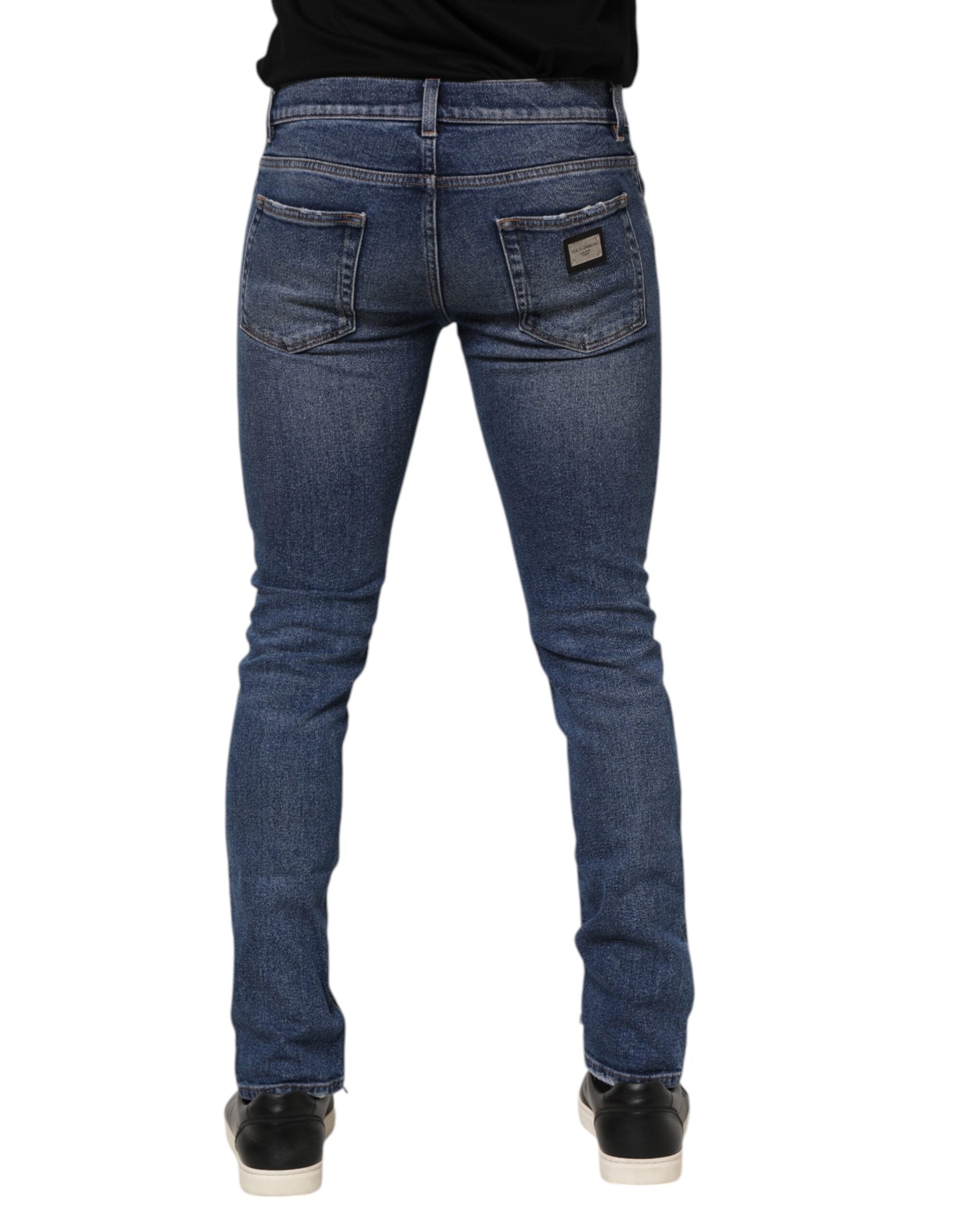 Blue Washed Skinny Cotton Tattered Denim Jeans - ventzia