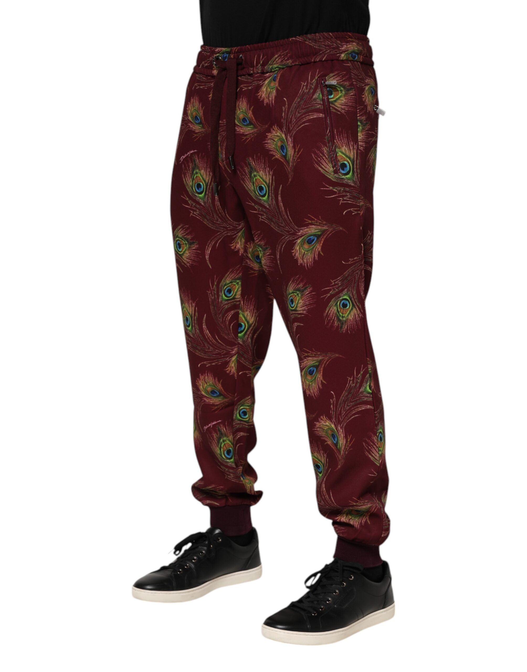 Burgundy Peacock Feather Print Jogger Pants - ventzia