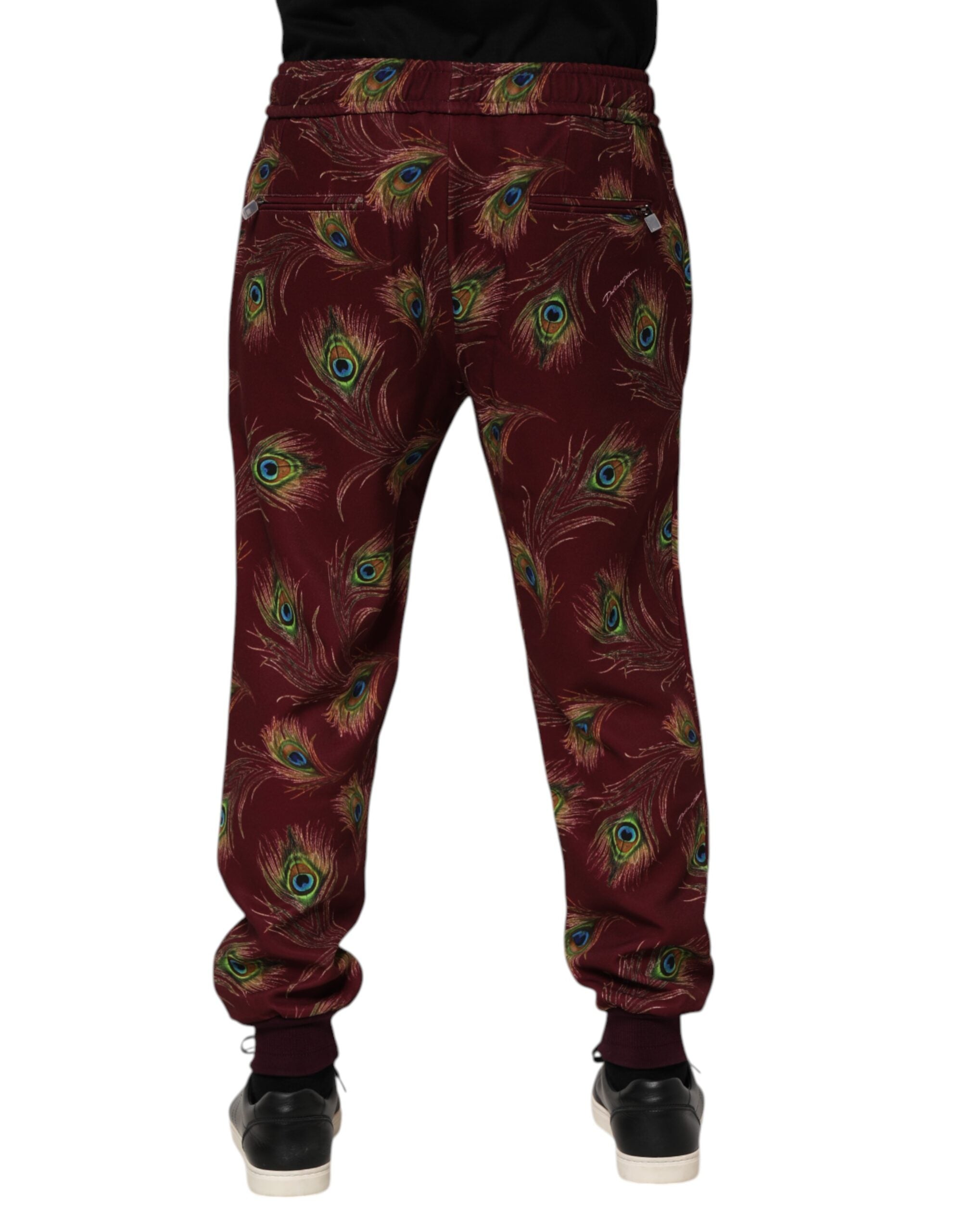 Burgundy Peacock Feather Print Jogger Pants - ventzia