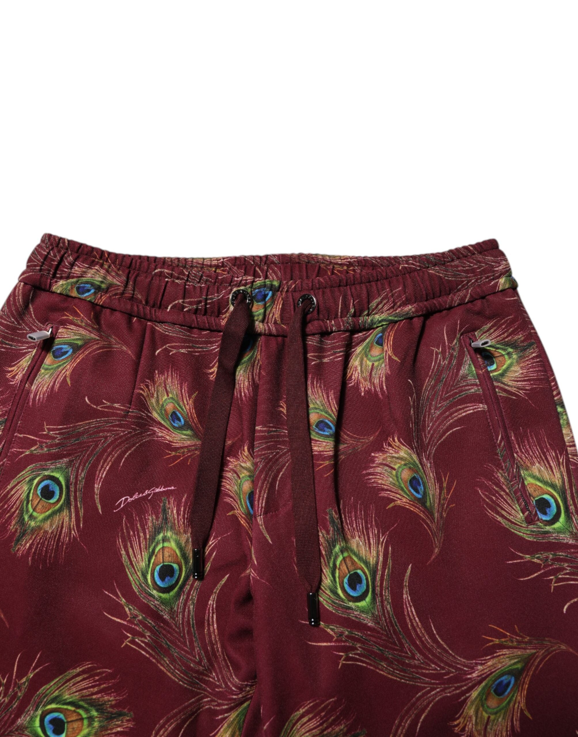 Burgundy Peacock Feather Print Jogger Pants - ventzia