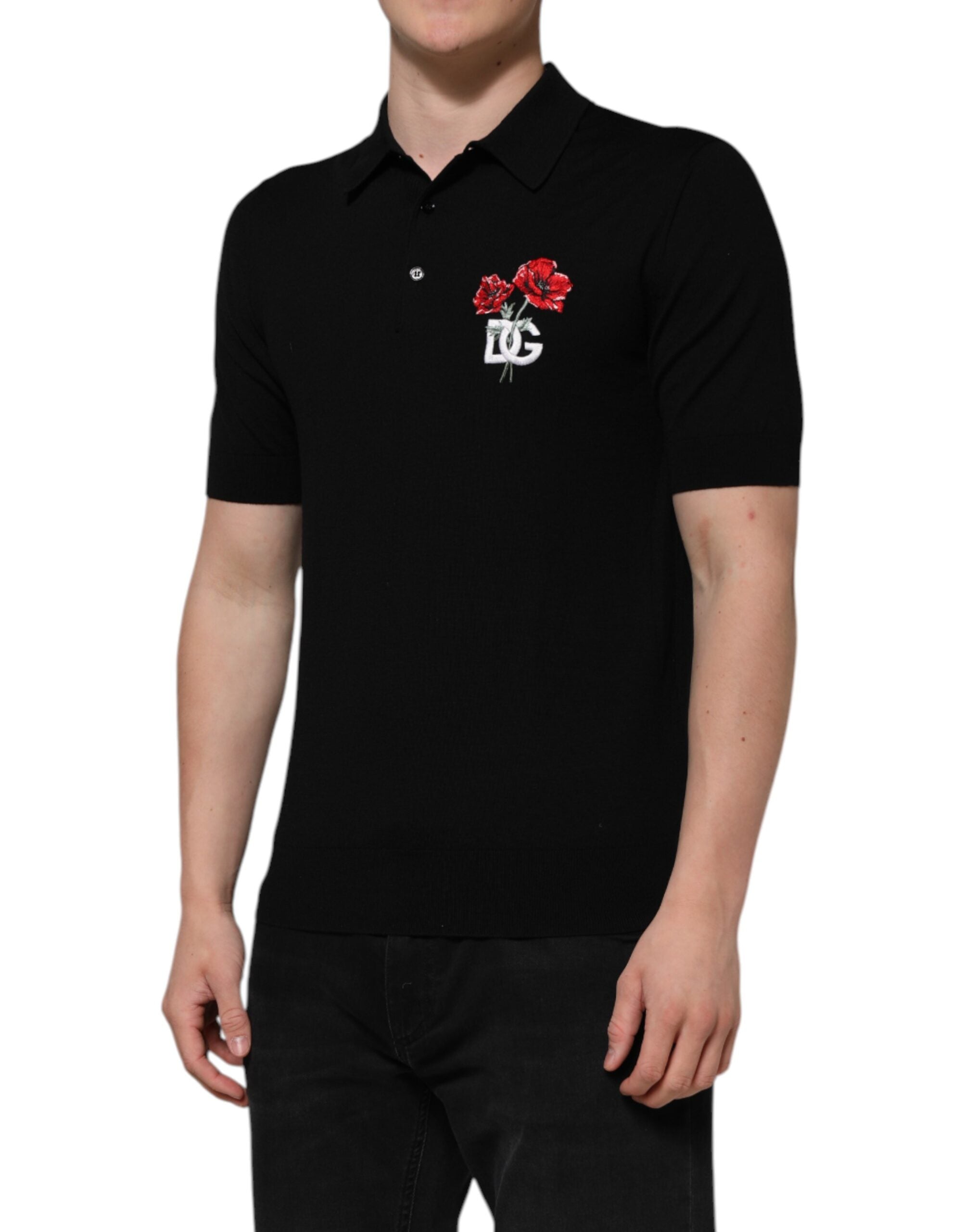 Black Wool DG Logo Rose Collared Polo T-shirt - ventzia