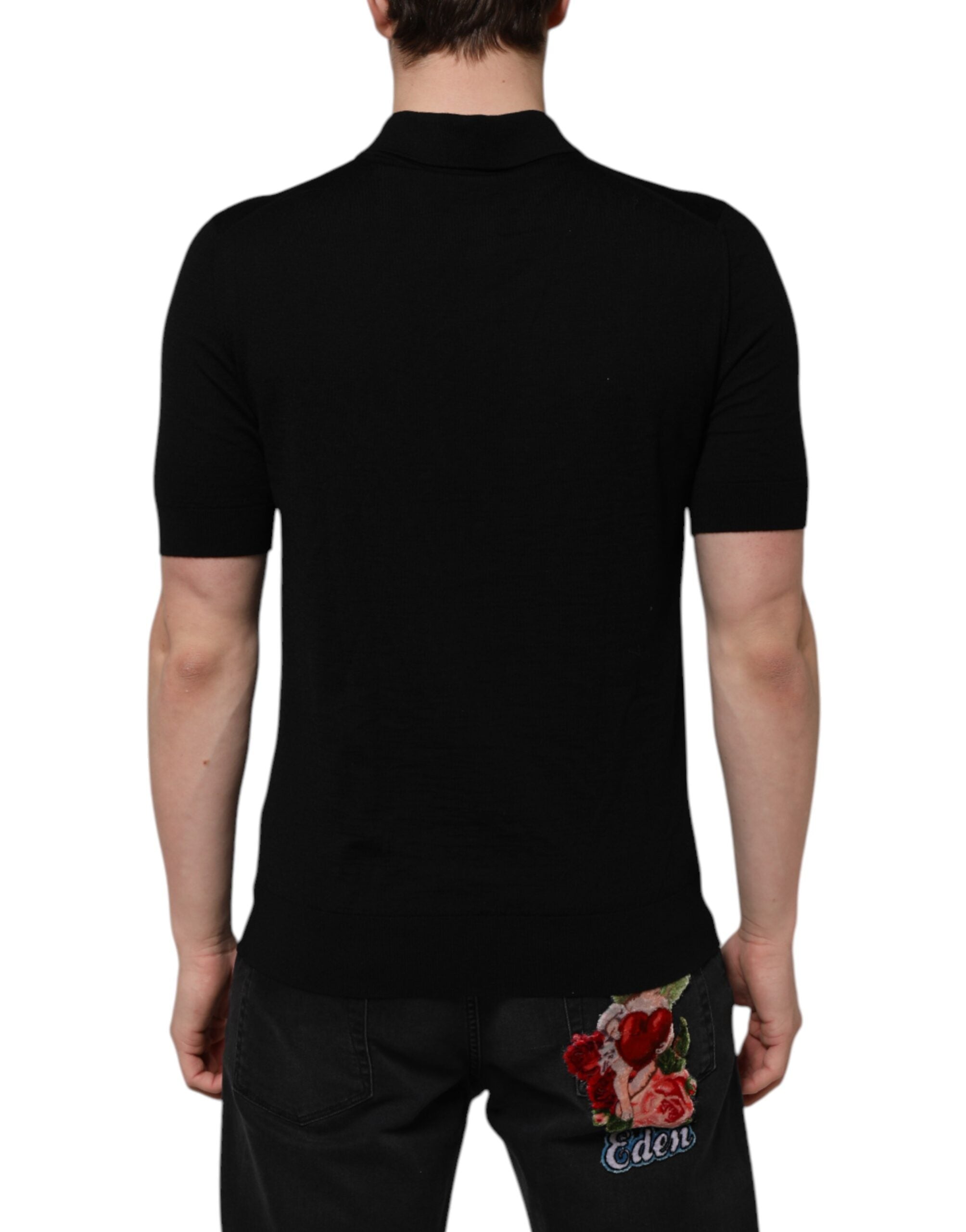 Black Wool DG Logo Rose Collared Polo T-shirt - ventzia