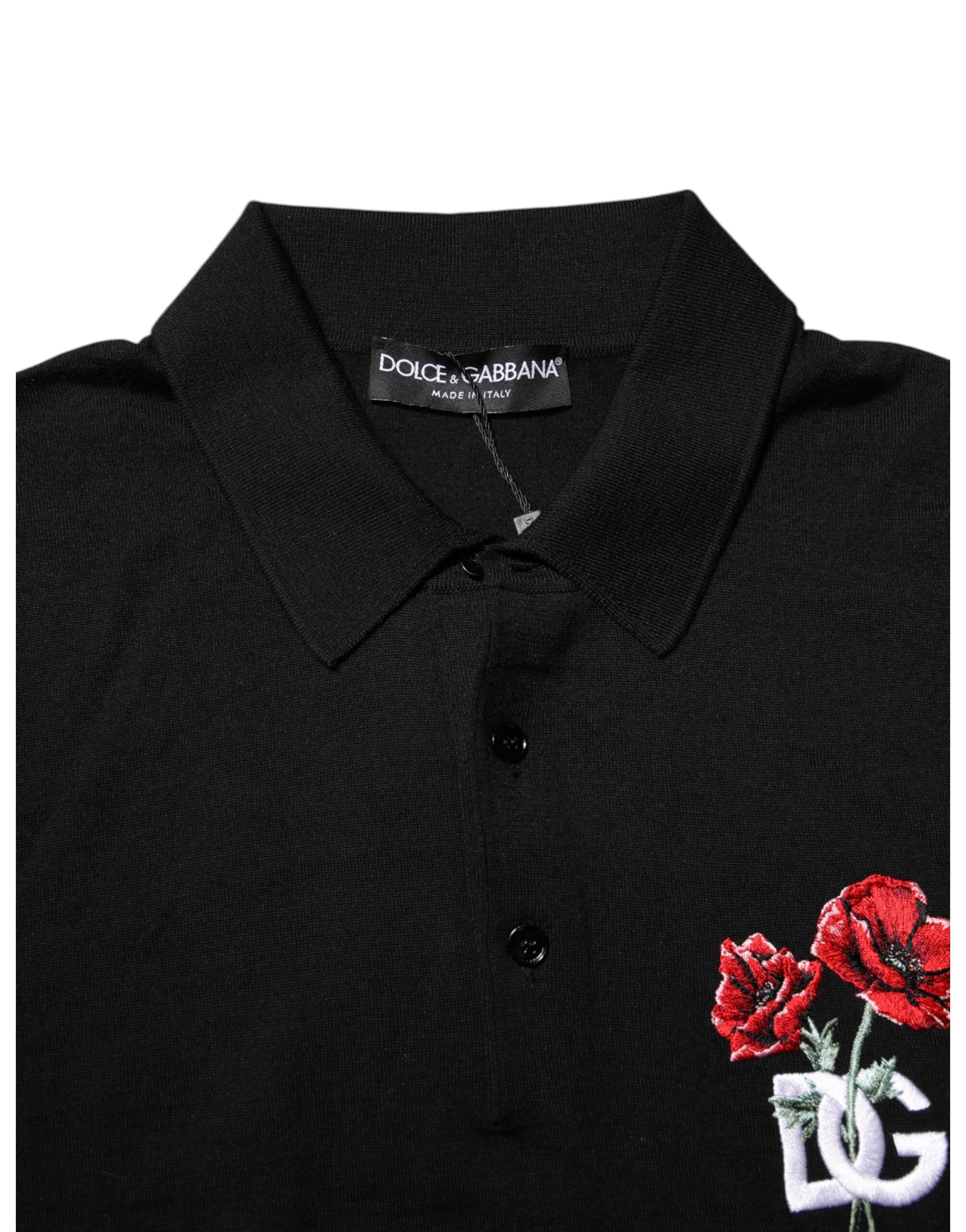 Black Wool DG Logo Rose Collared Polo T-shirt - ventzia