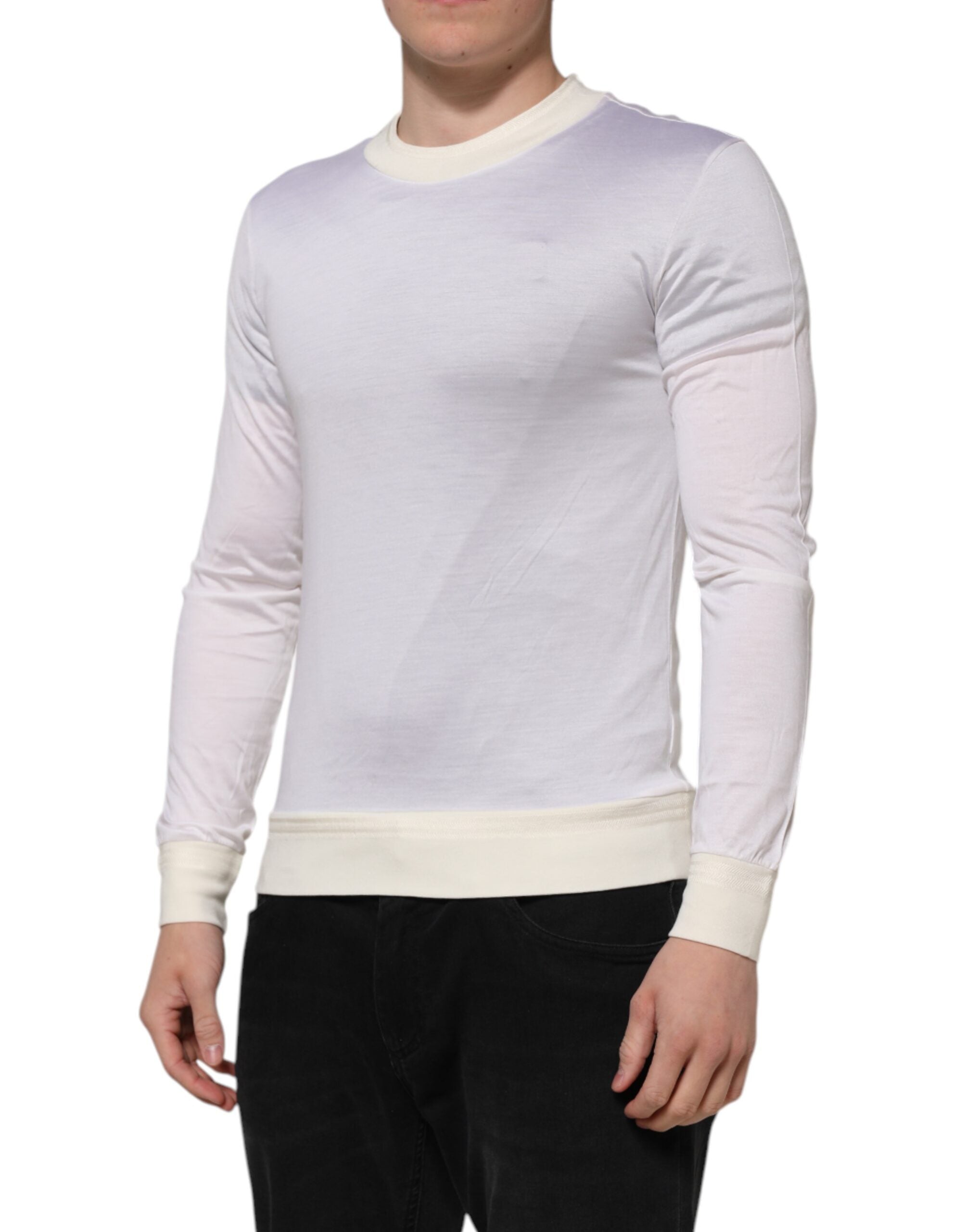 White Silk Crew Neck Long Sleeves T-shirt - ventzia