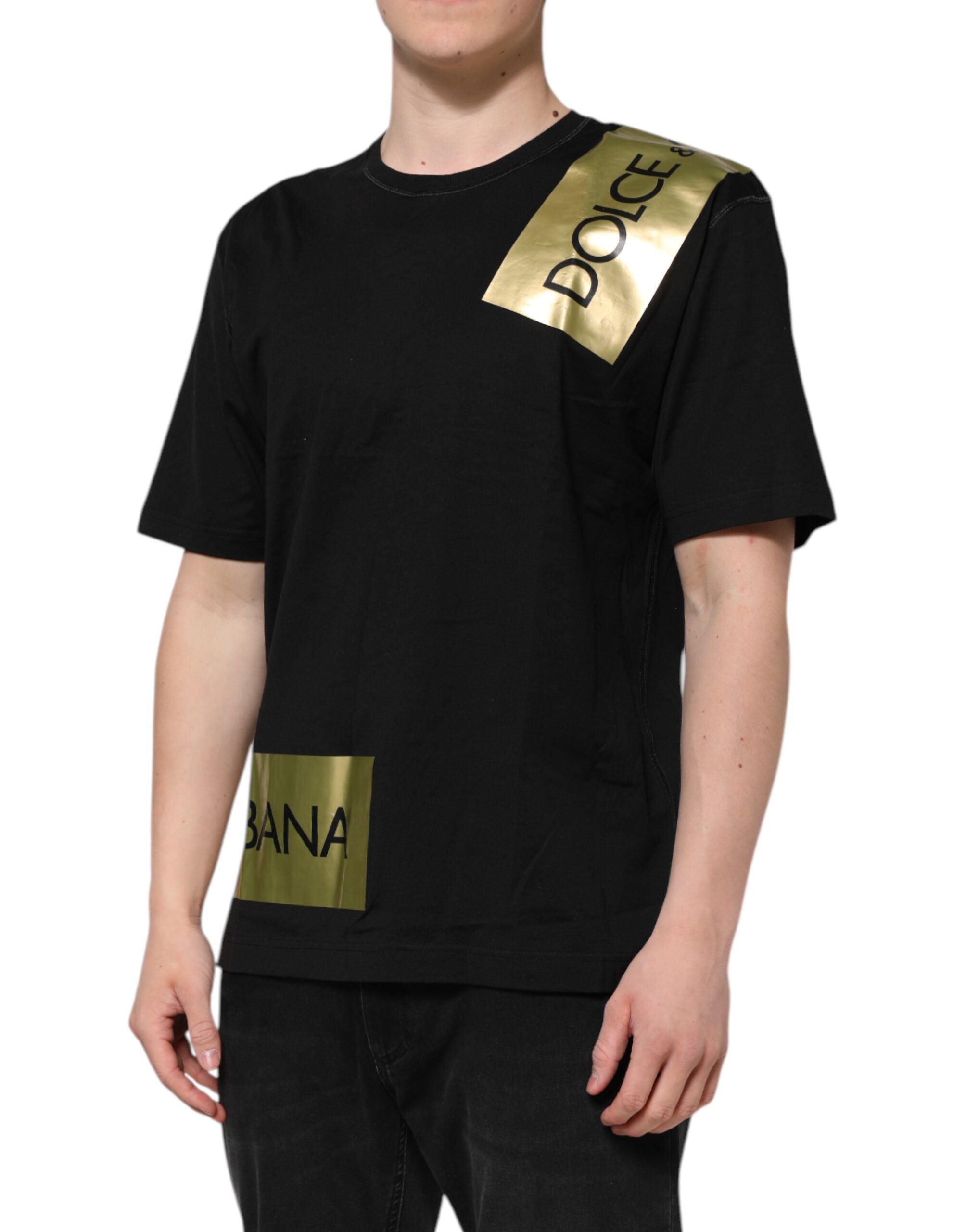 Black Logo Tape Cotton Men Crew Neck T-shirt - ventzia