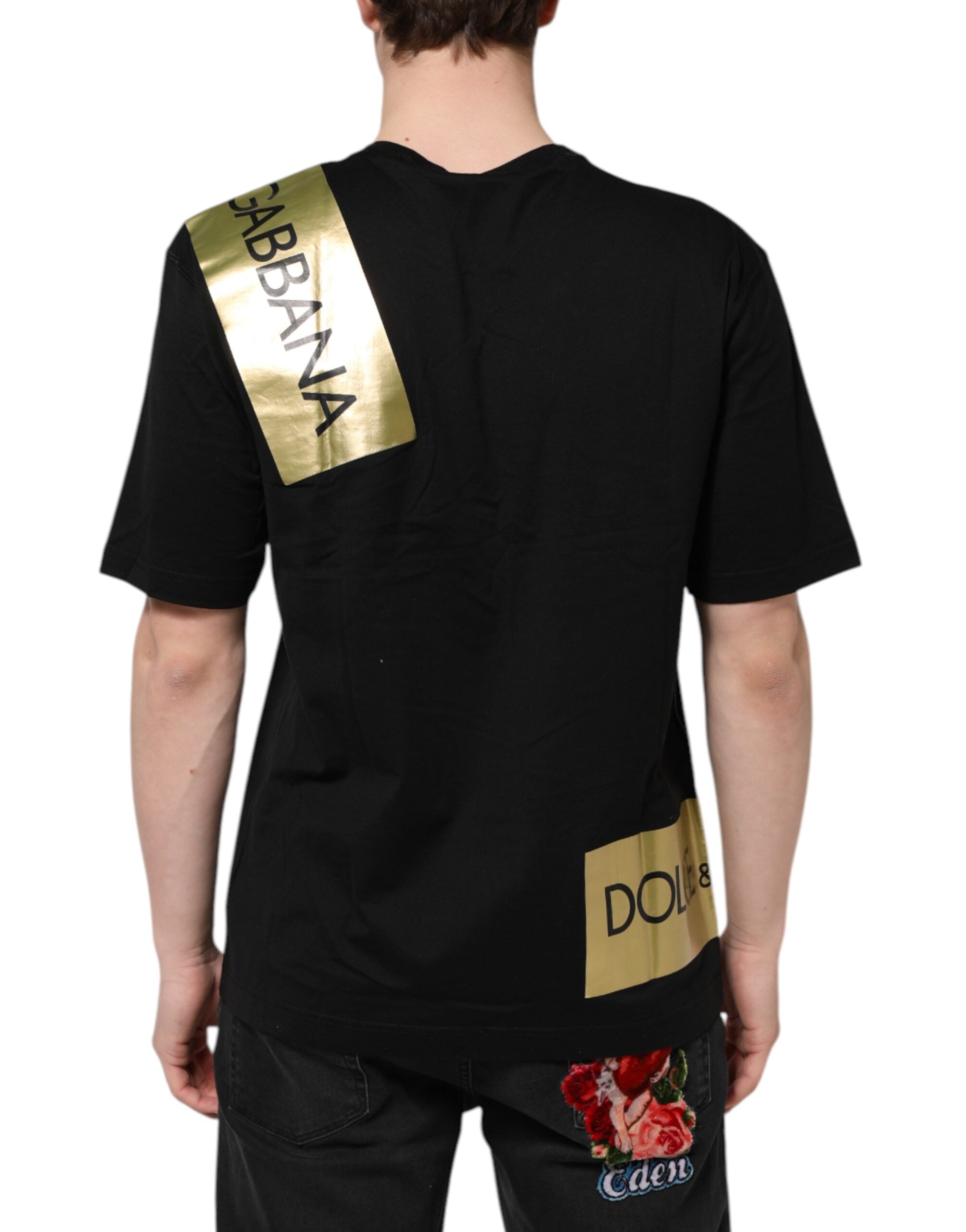 Black Logo Tape Cotton Men Crew Neck T-shirt - ventzia