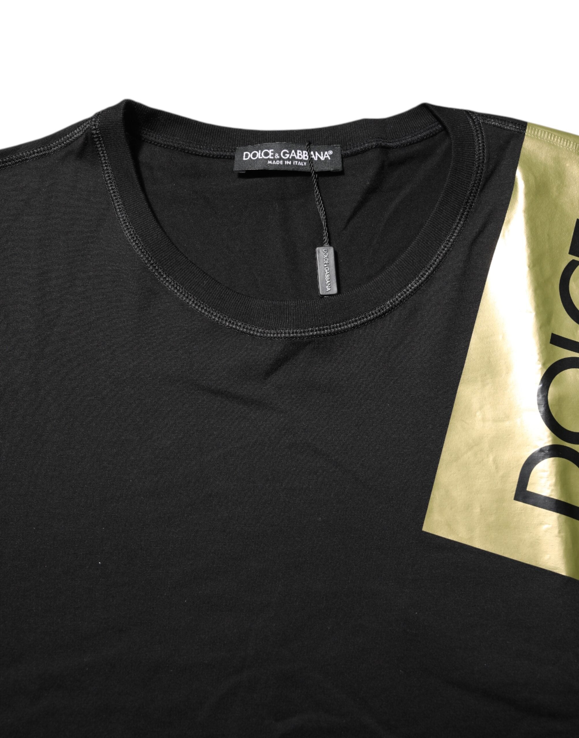 Black Logo Tape Cotton Men Crew Neck T-shirt - ventzia