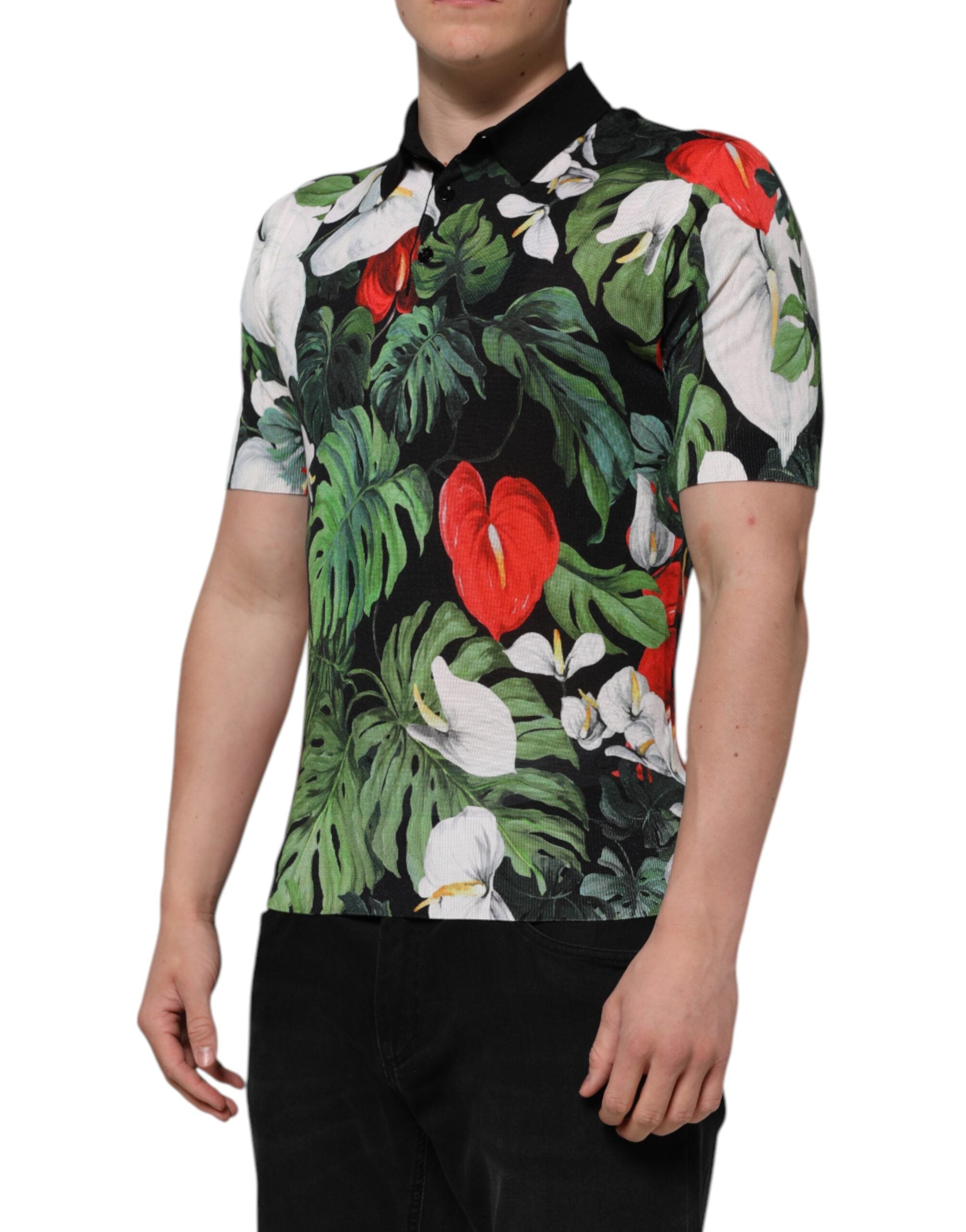 Multicolor Floral Silk Collared Polo T-shirt - ventzia