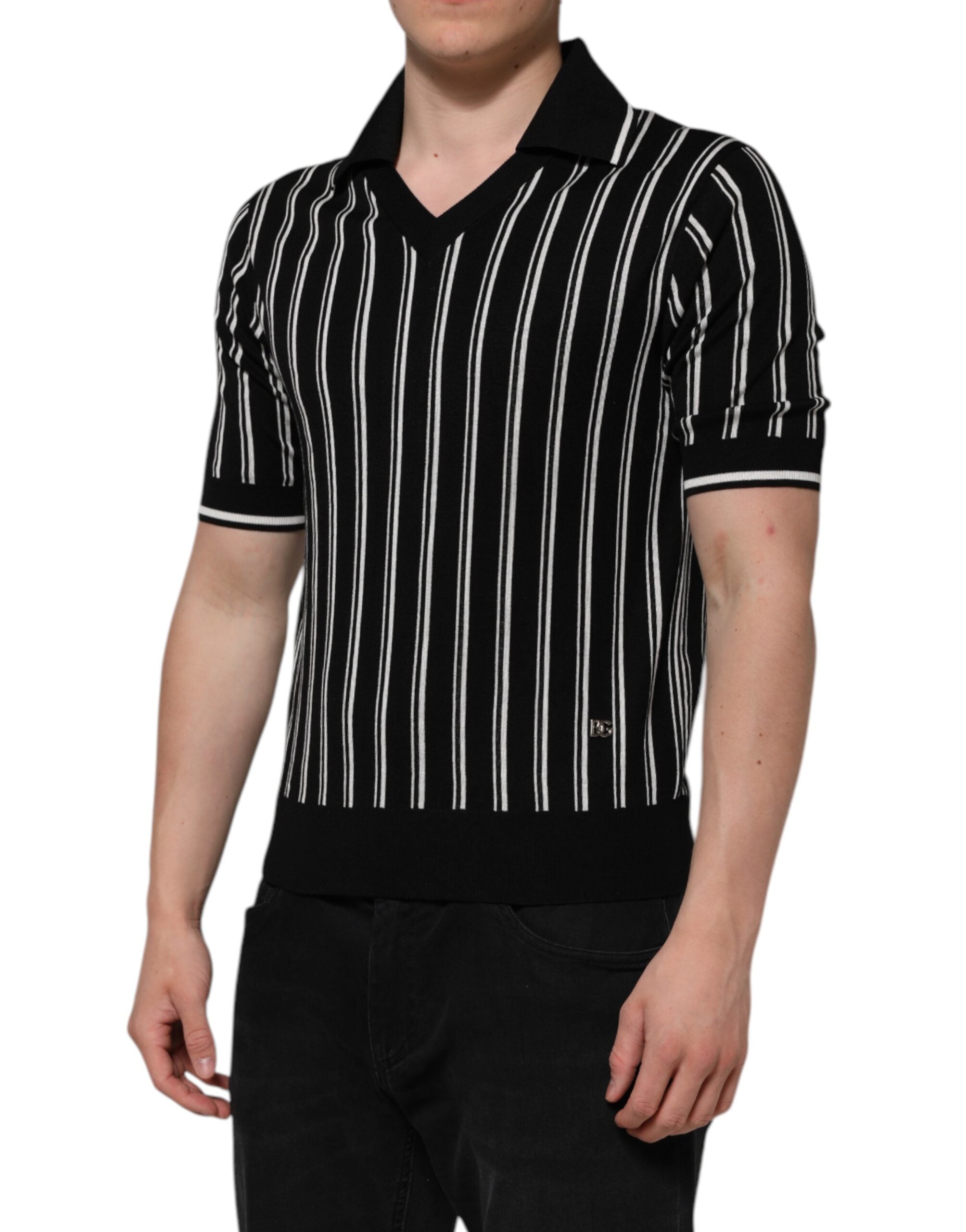 Black White Stripes Collared Polo T-shirt - ventzia