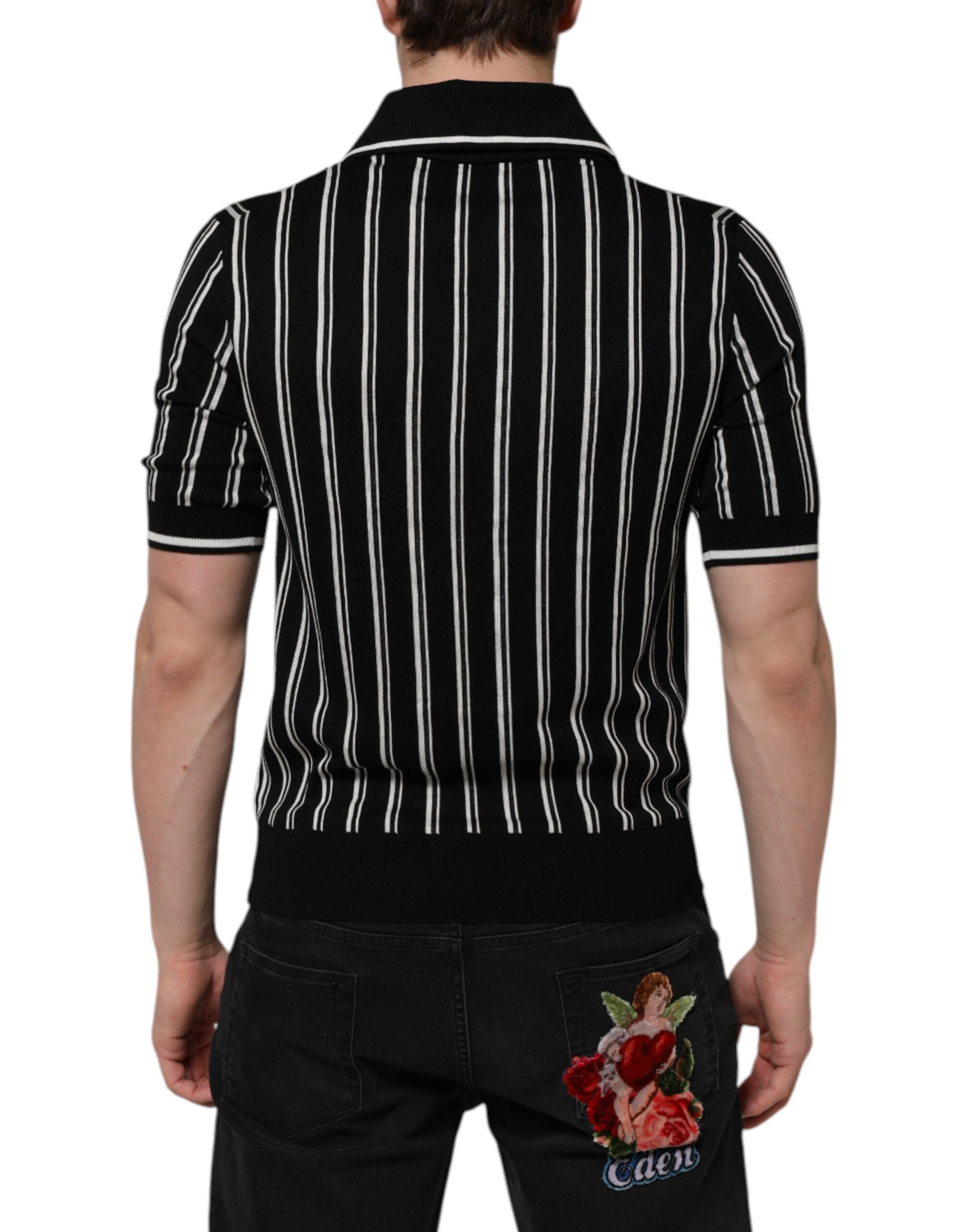 Black White Stripes Collared Polo T-shirt - ventzia