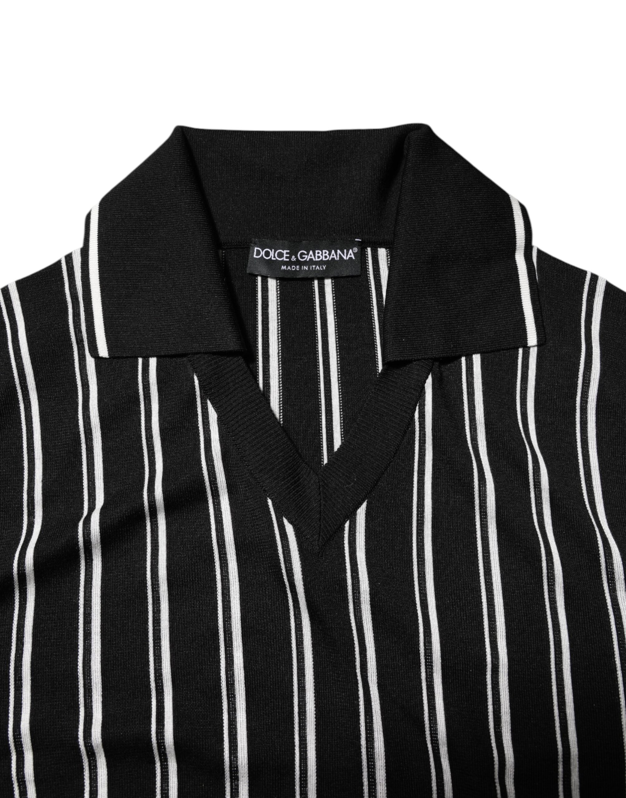 Black White Stripes Collared Polo T-shirt - ventzia