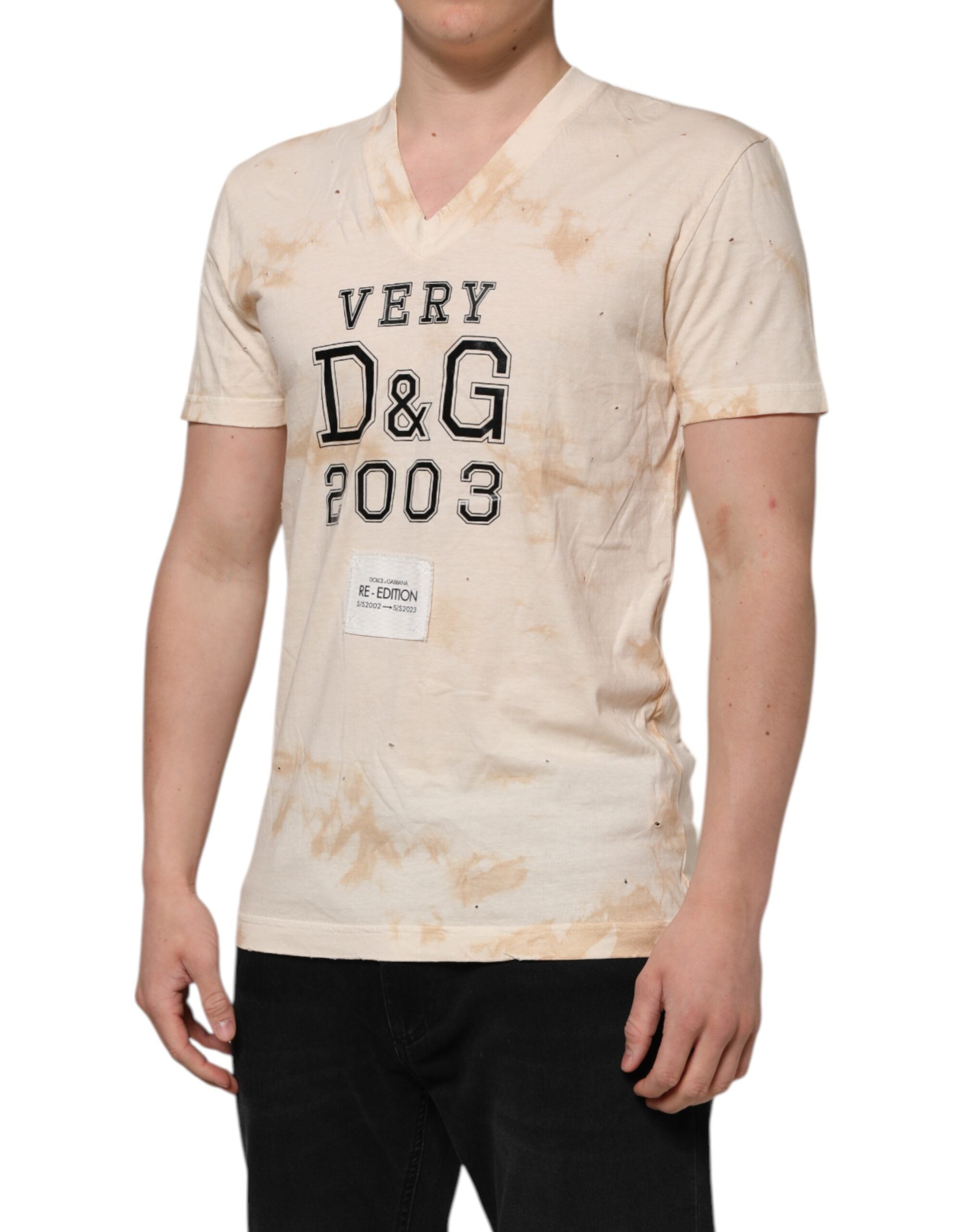 Beige Logo Print Short Sleeve V-neck T-shirt - ventzia