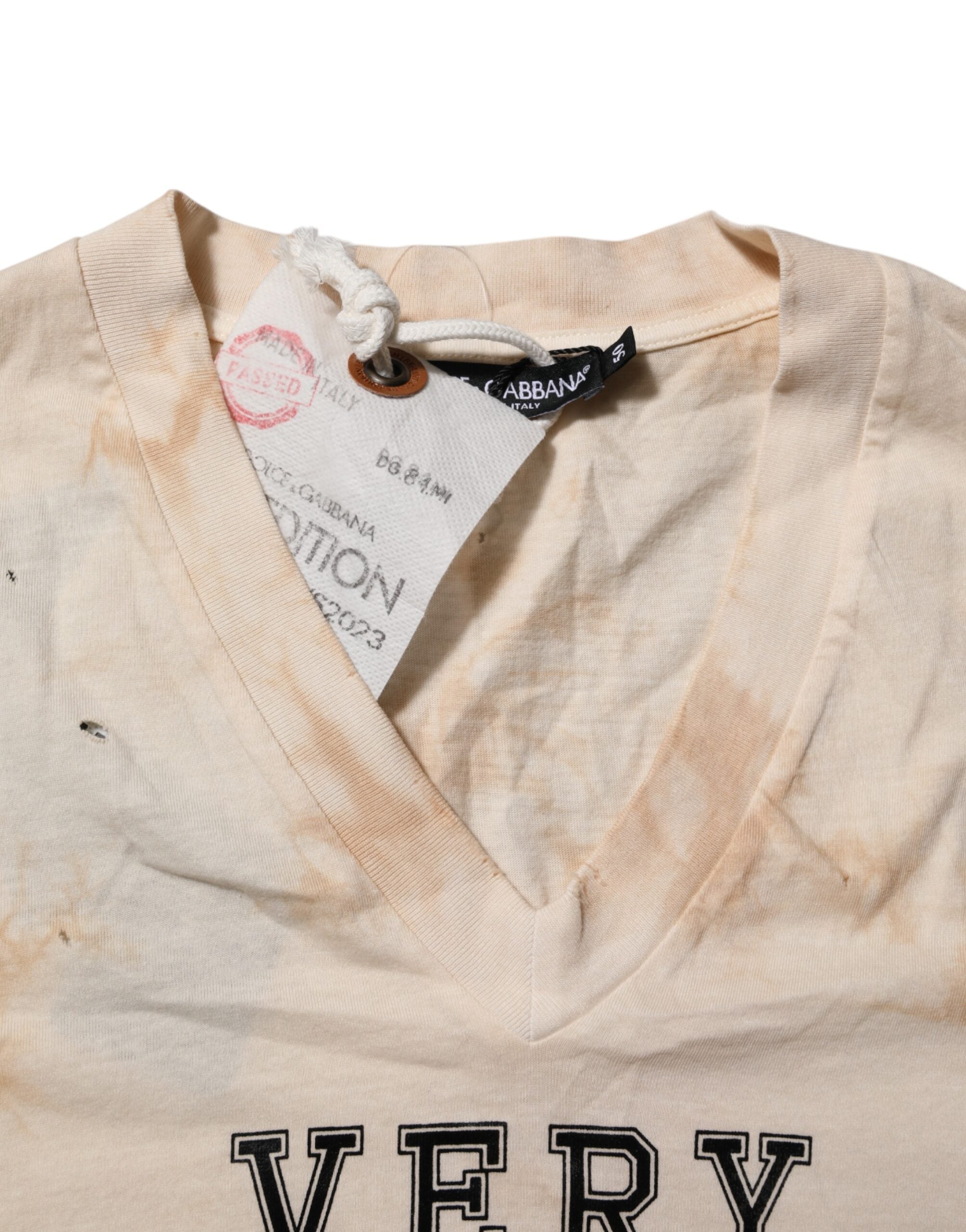 Beige Logo Print Short Sleeve V-neck T-shirt - ventzia