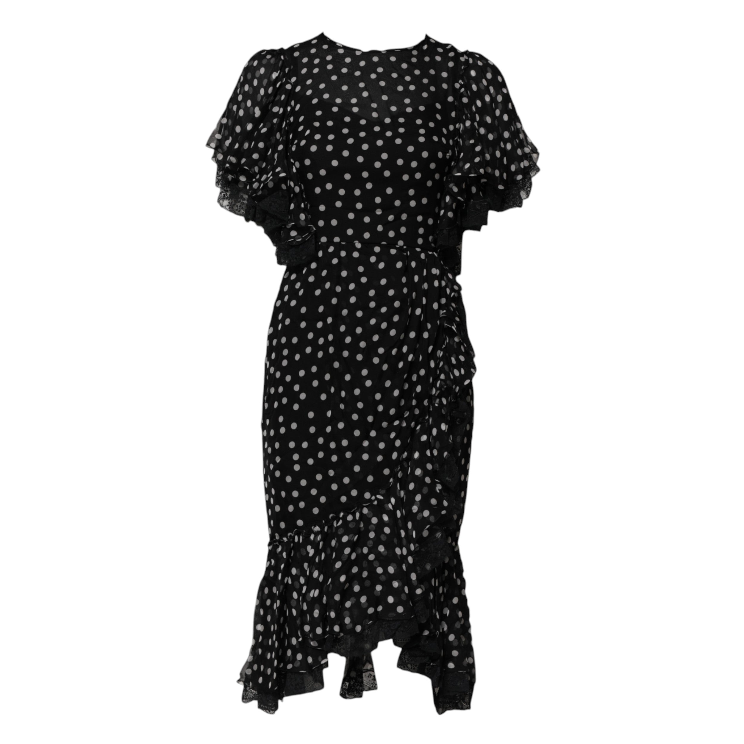 Black White Lace Polka Dot Chiffon Dress - ventzia