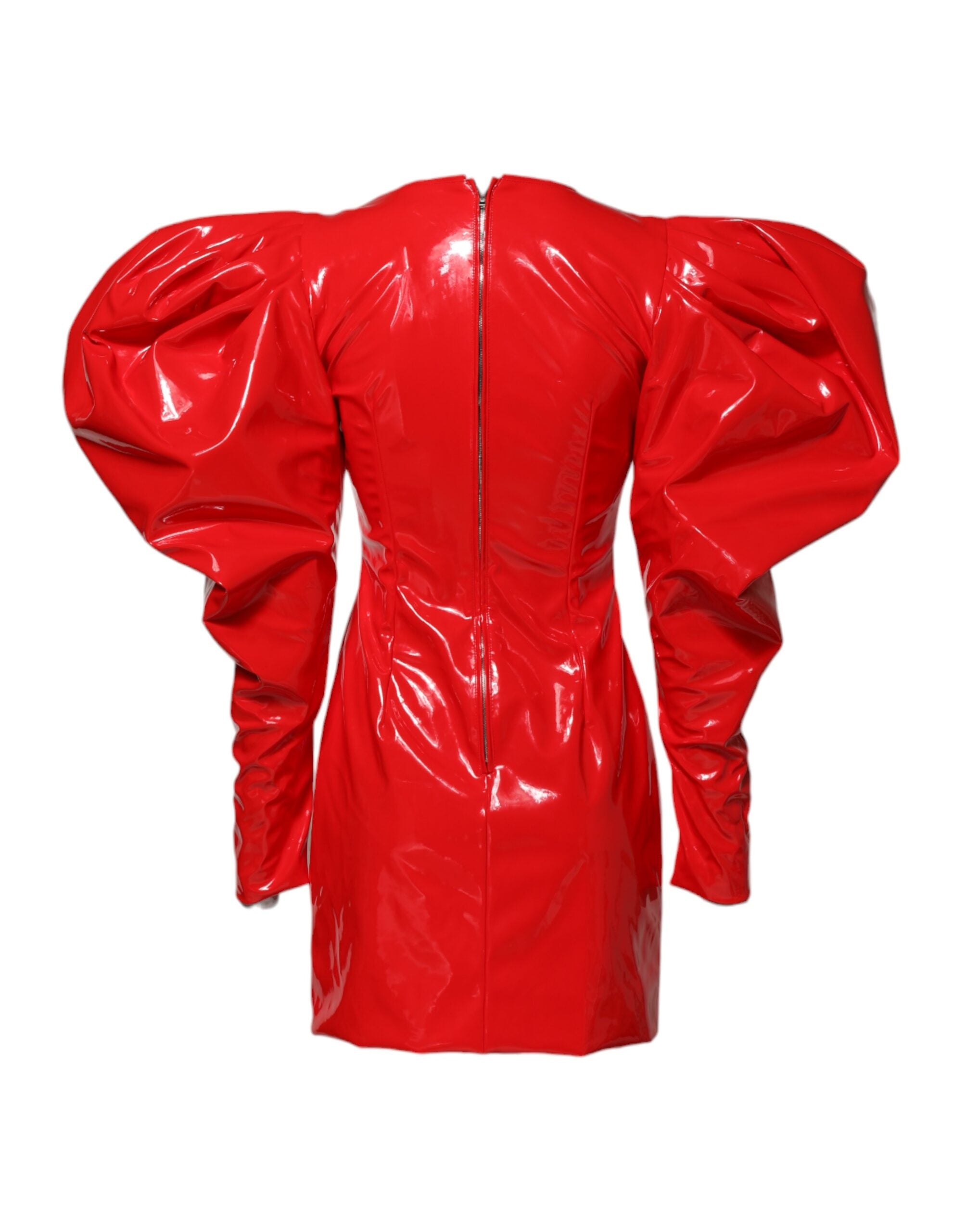 Red Patent Leather Puff Sleeves Mini Dress - ventzia