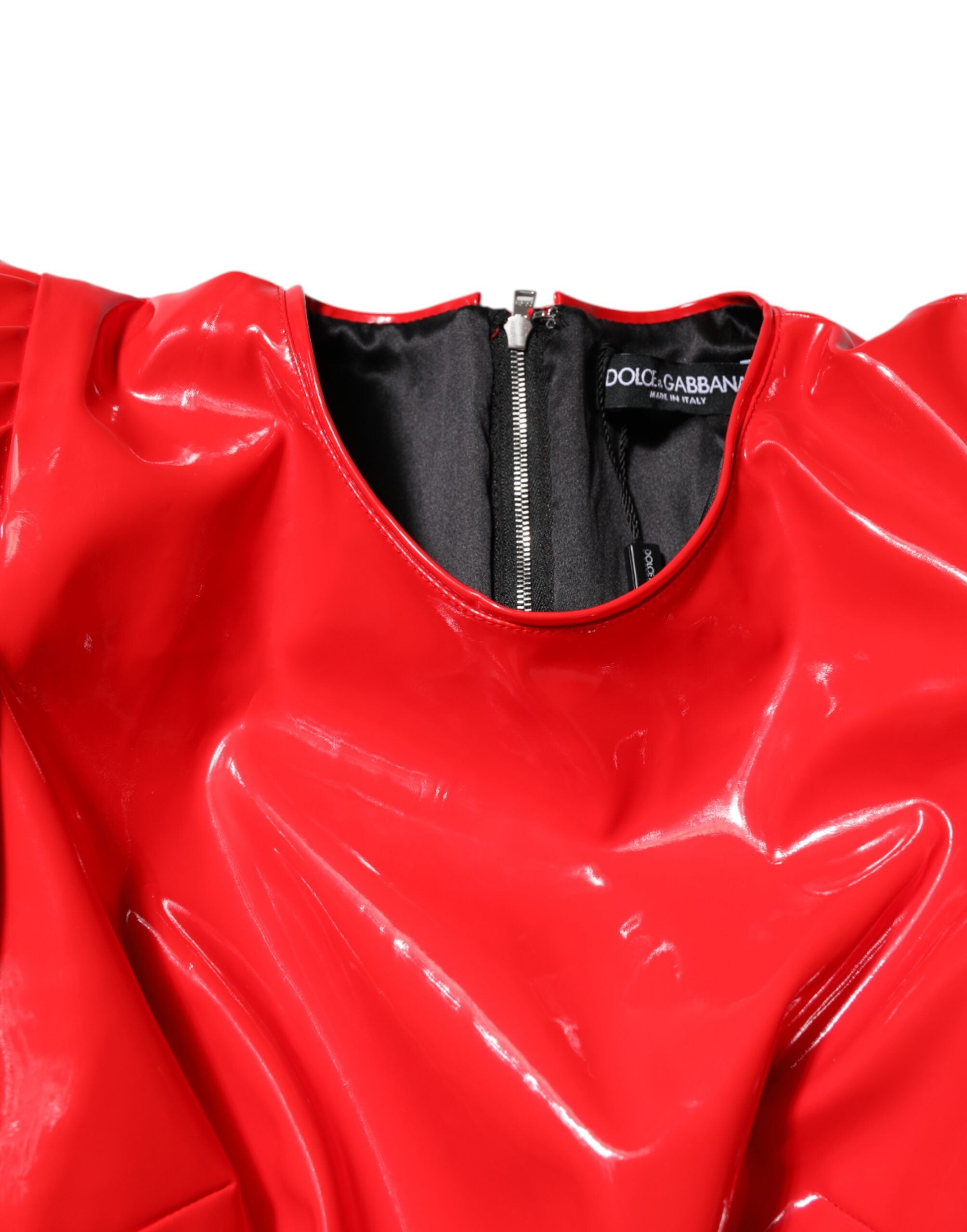 Red Patent Leather Puff Sleeves Mini Dress - ventzia