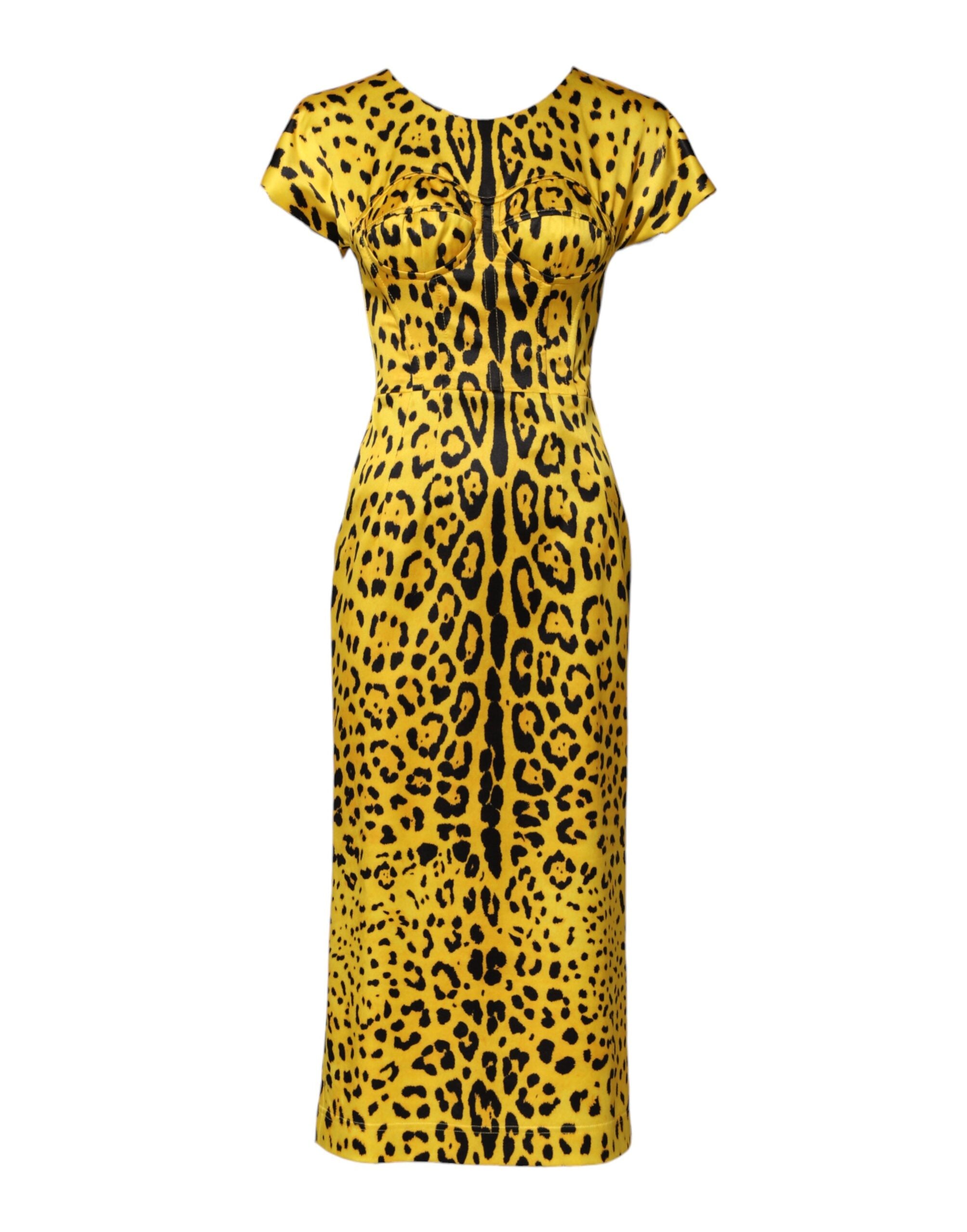 Yellow Polyester Leopard Midi Sheath Dress - ventzia