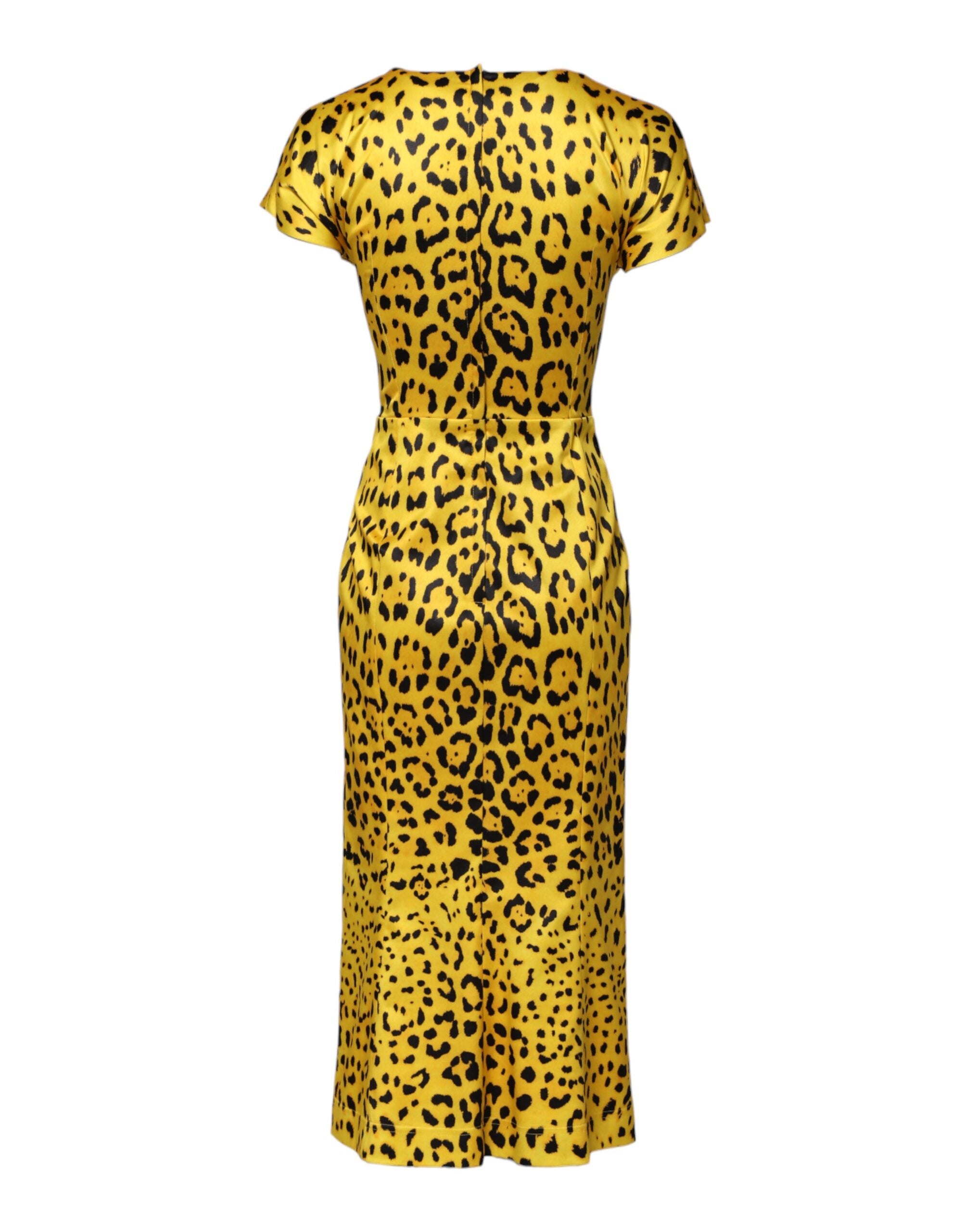 Yellow Polyester Leopard Midi Sheath Dress - ventzia
