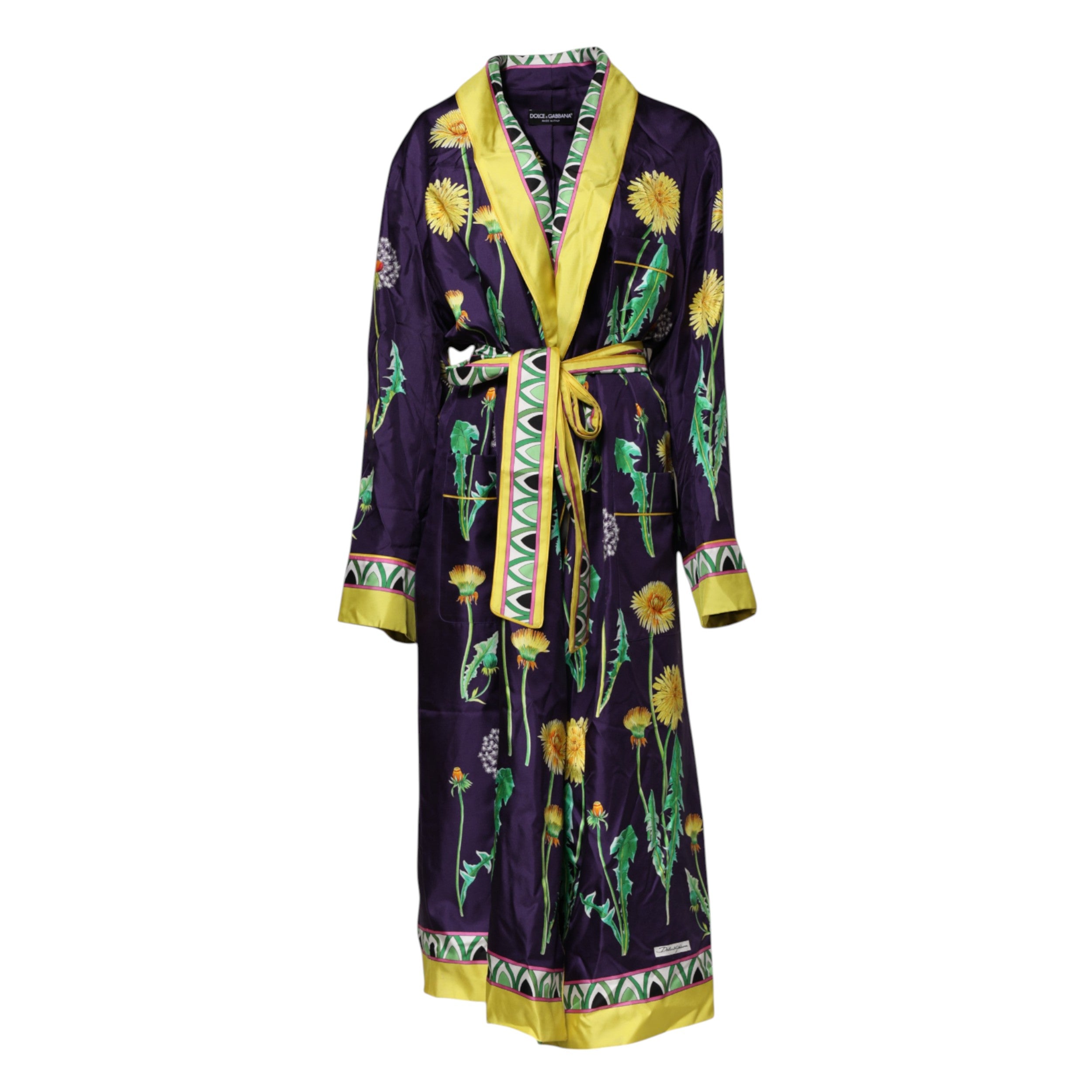 Blue Floral Print Silk Long Sleeves Wrap Robe - ventzia