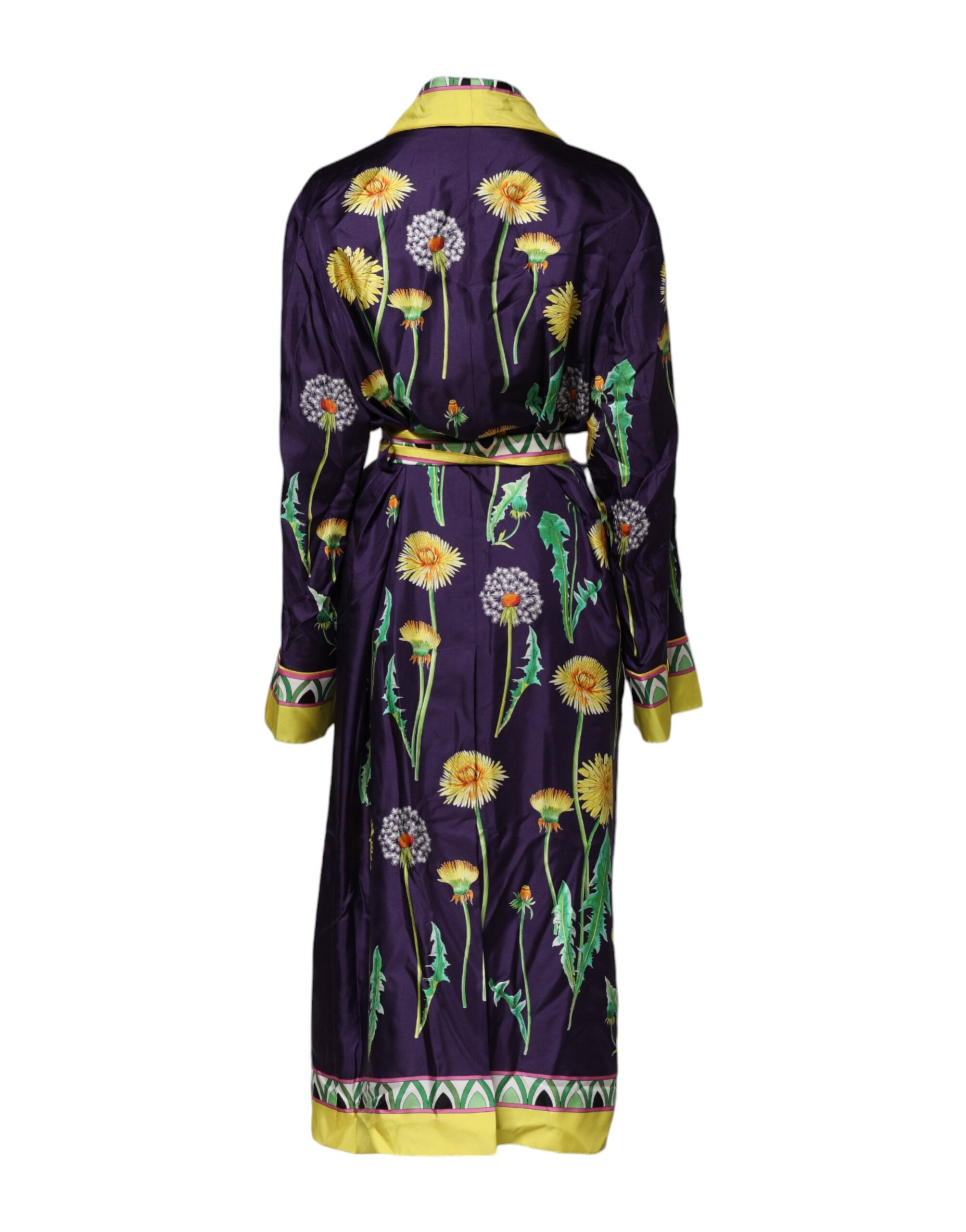 Blue Floral Print Silk Long Sleeves Wrap Robe - ventzia