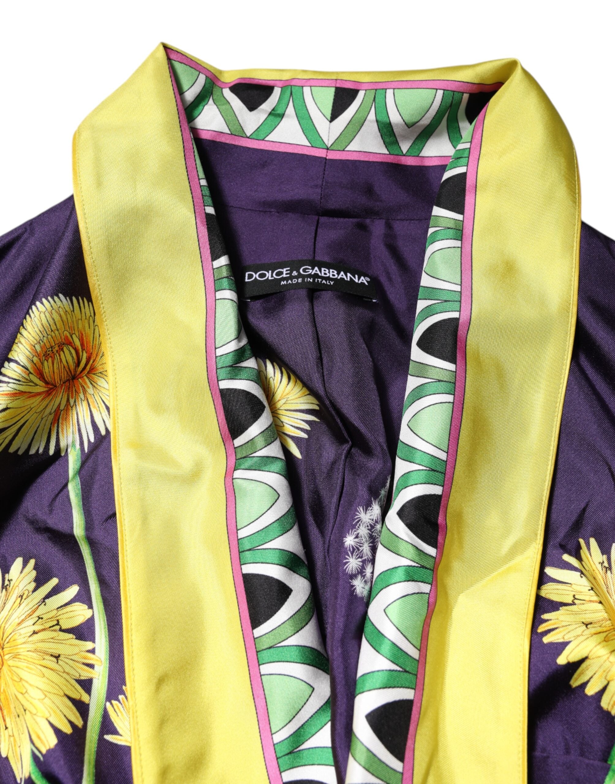 Blue Floral Print Silk Long Sleeves Wrap Robe - ventzia