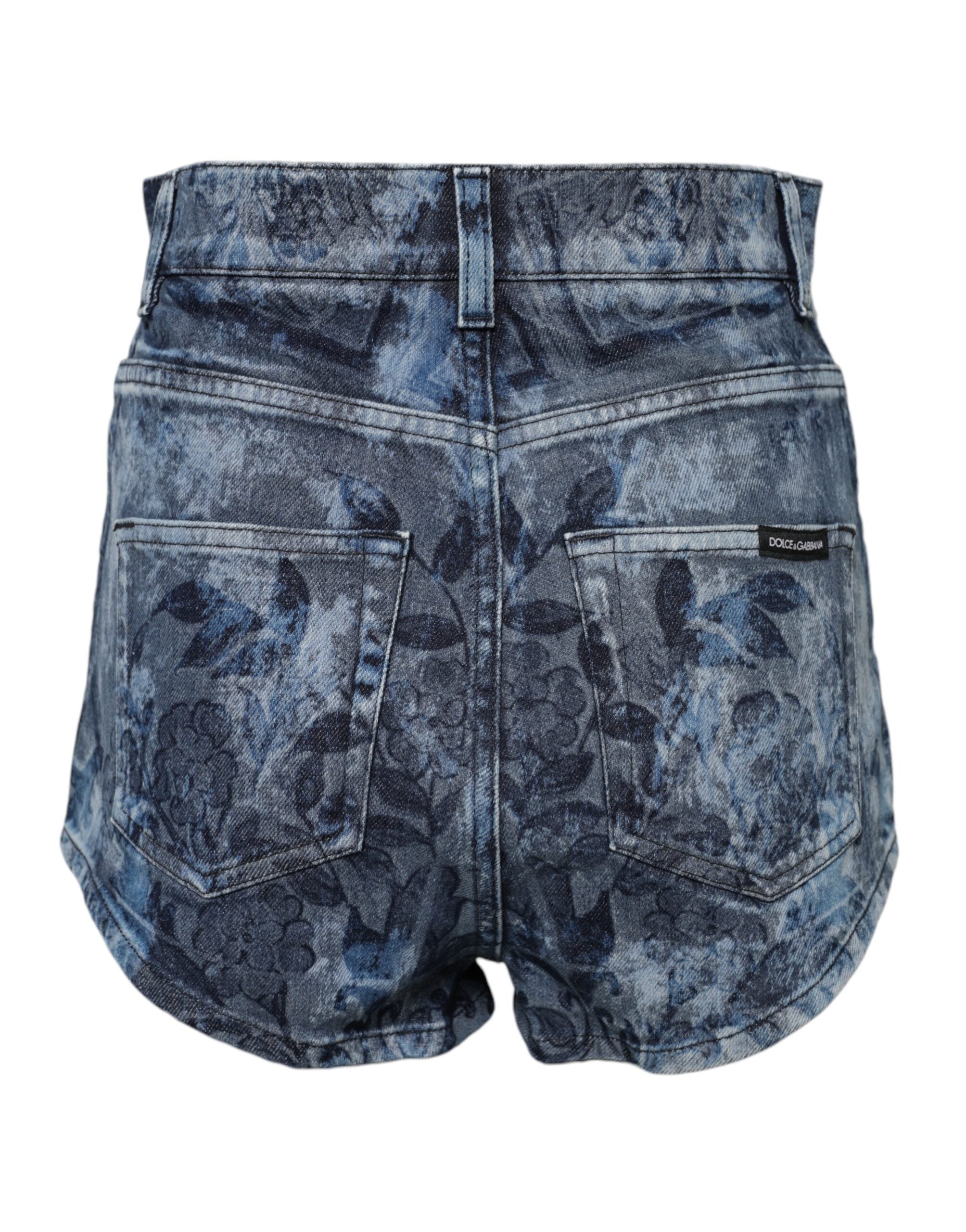 Blue Floral Print Denim Cotton Hot Pants Shorts - ventzia