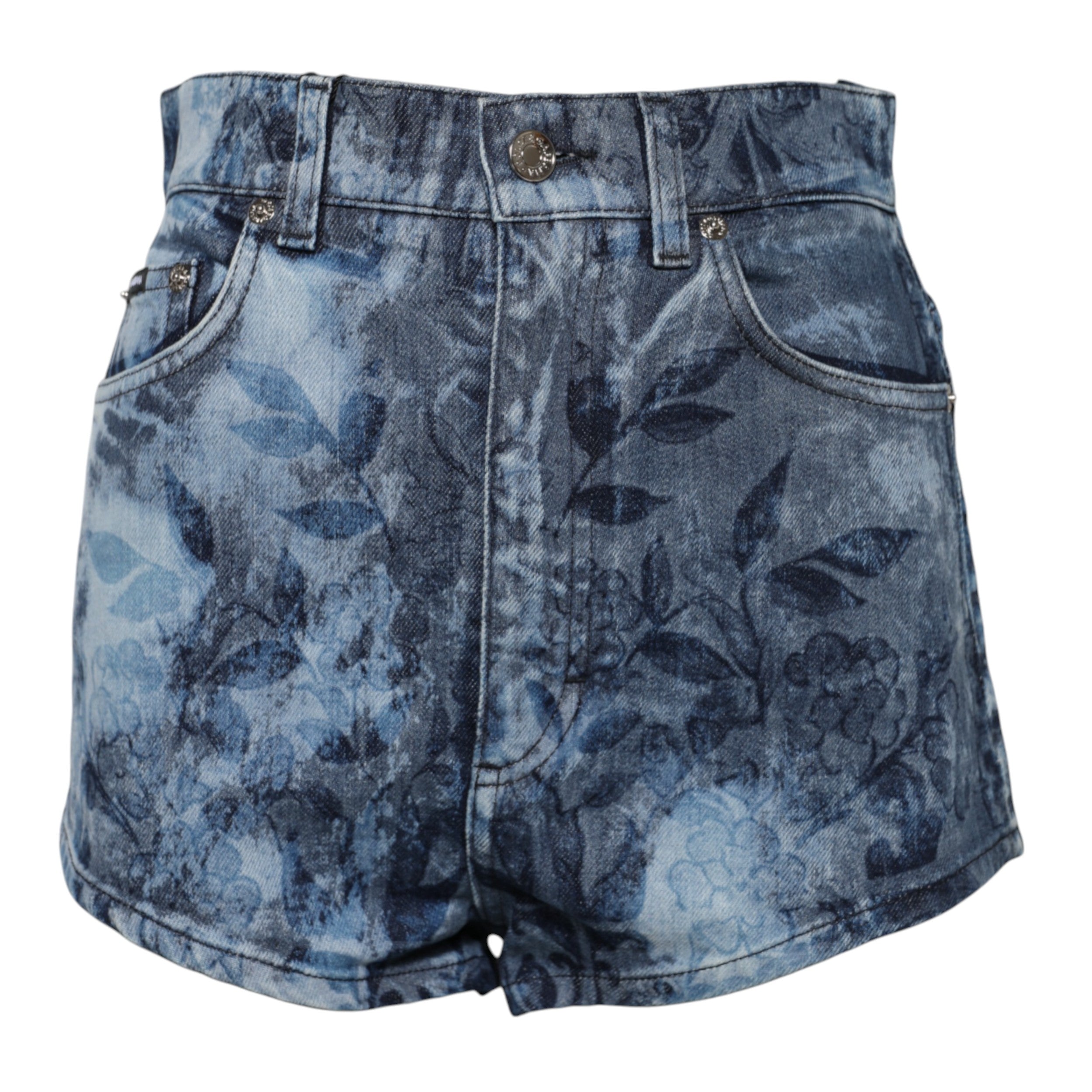Blue Floral Print Denim Cotton Hot Pants Shorts - ventzia