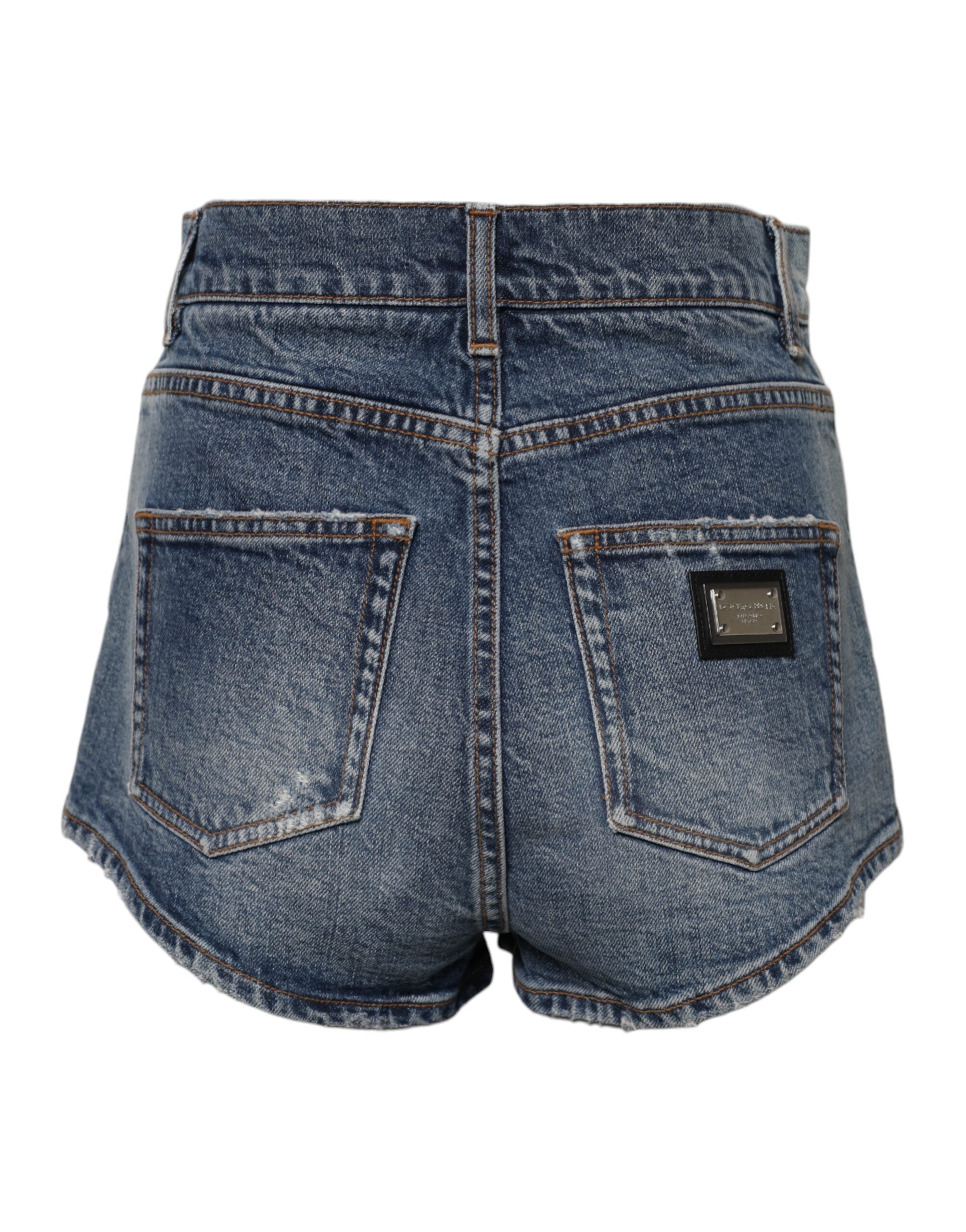 Blue Tattered Denim Cotton Hot Pants Shorts - ventzia