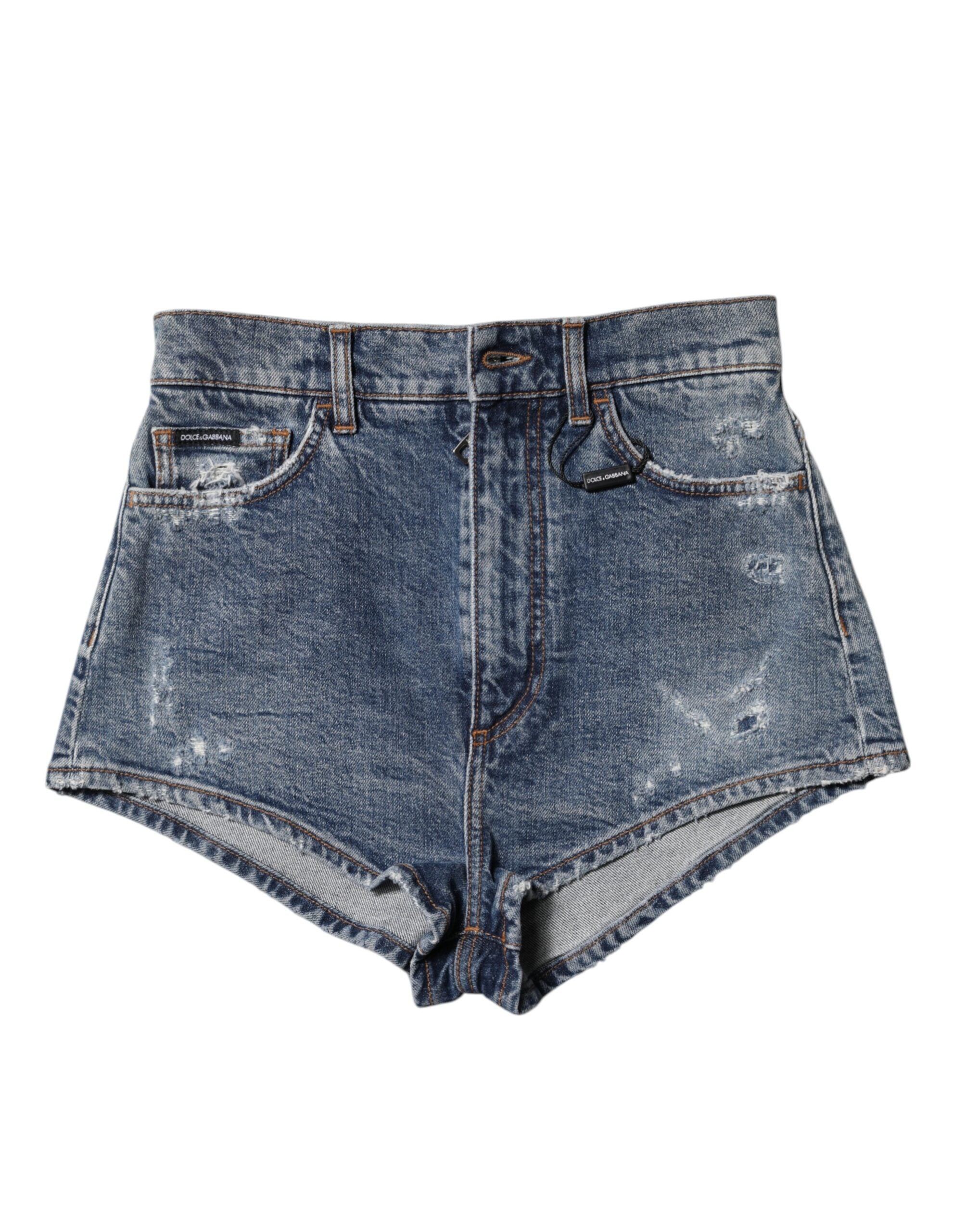 Blue Tattered Denim Cotton Hot Pants Shorts - ventzia