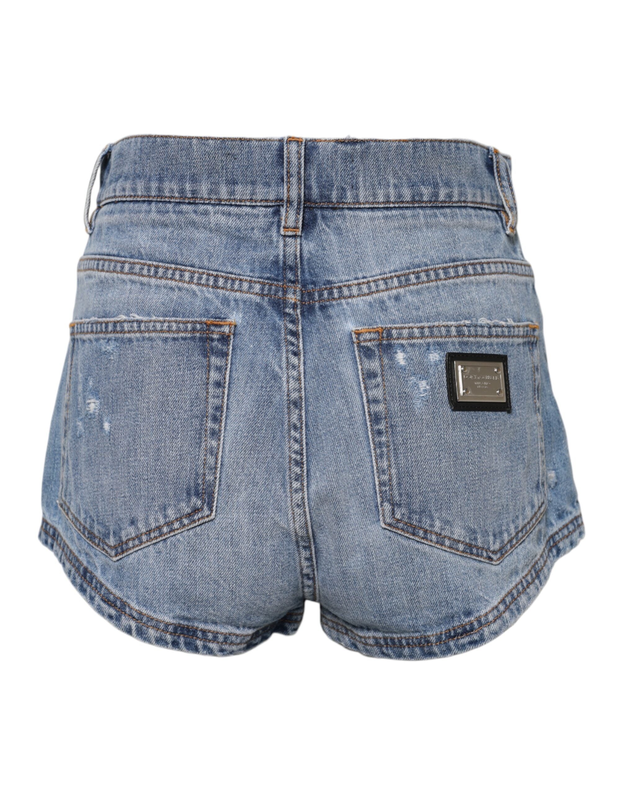 Blue Logo Plaque Denim Cotton Hot Pants Shorts - ventzia