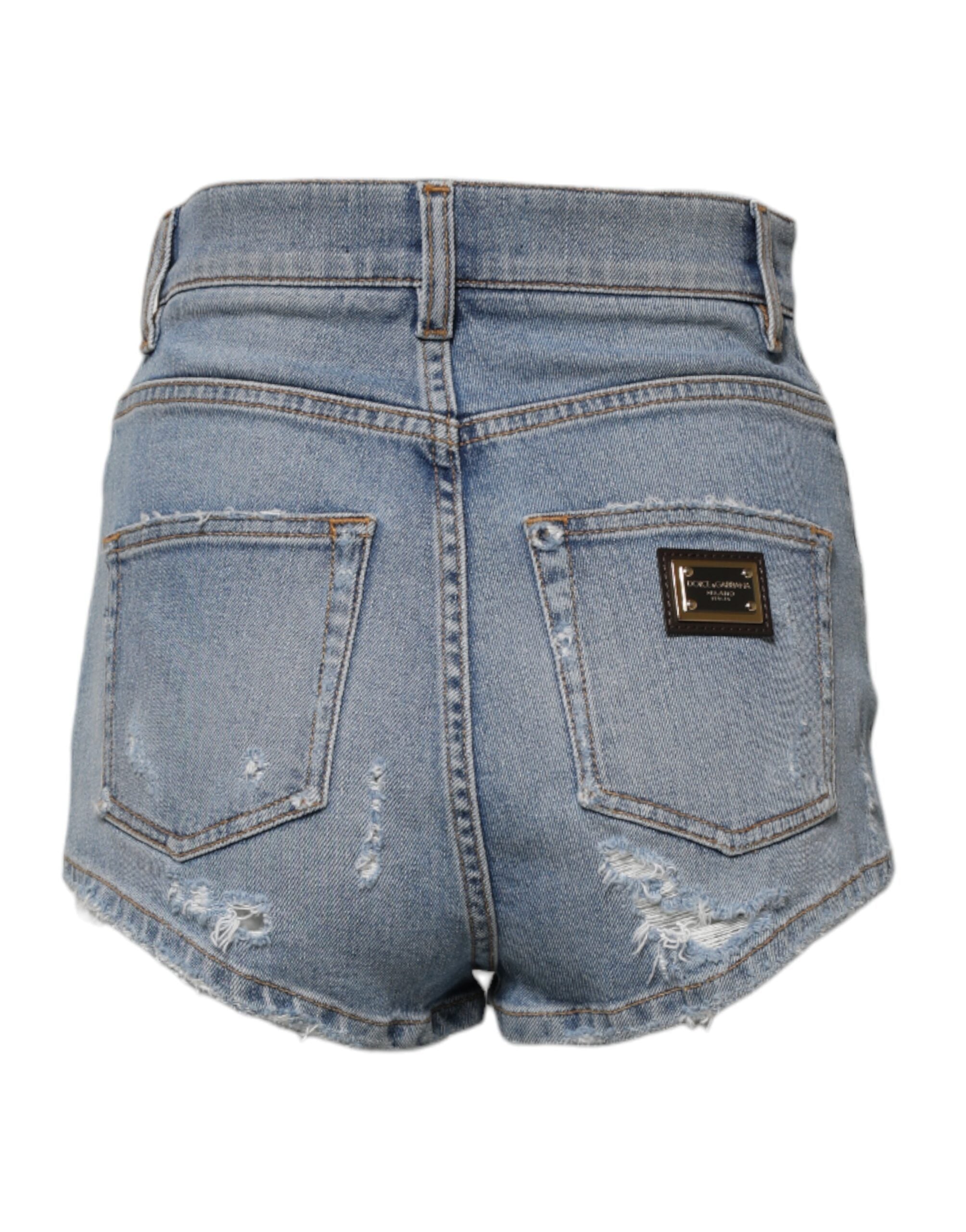 Blue Tattered Denim Cotton Hot Pants Shorts - ventzia