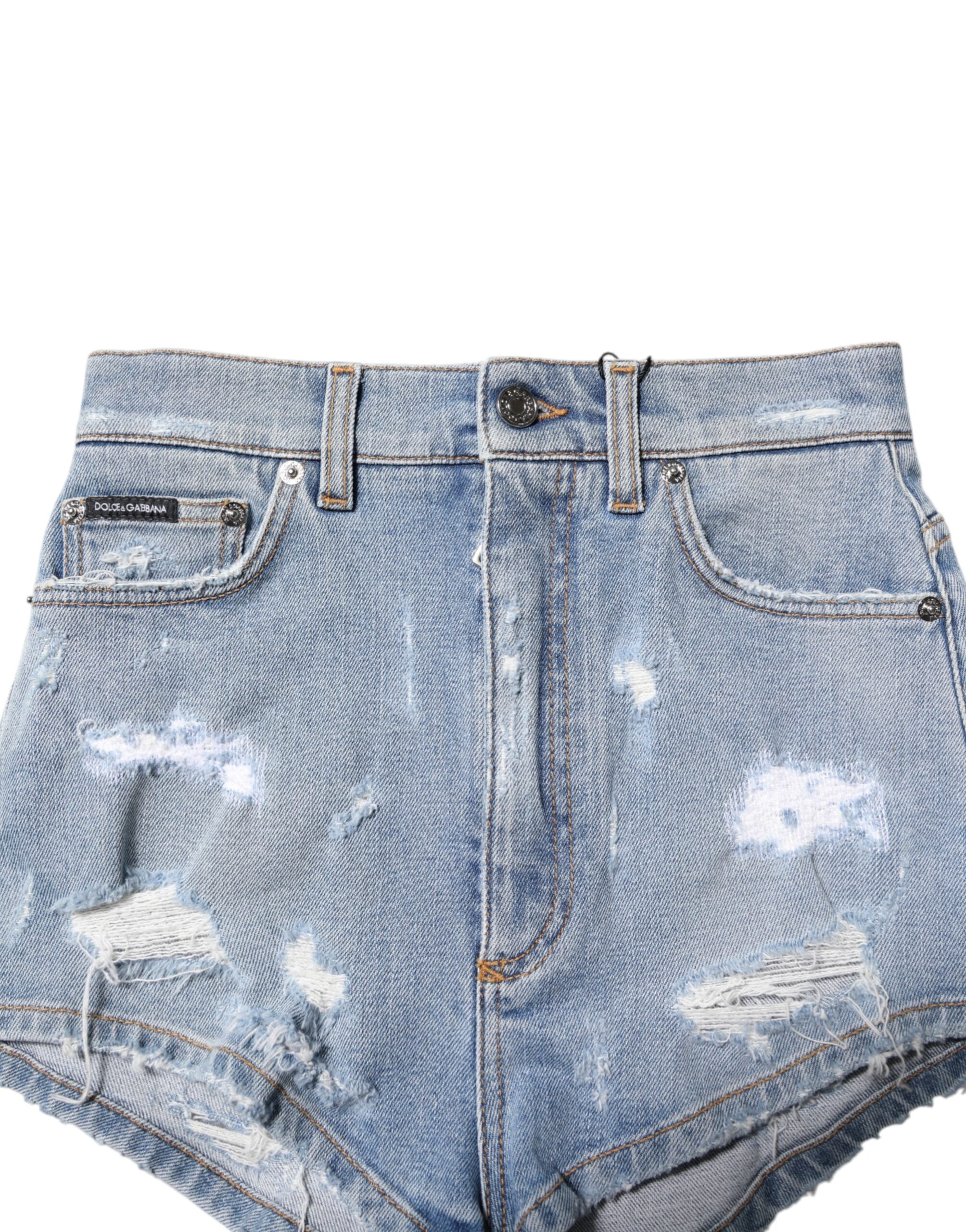Blue Tattered Denim Cotton Hot Pants Shorts - ventzia