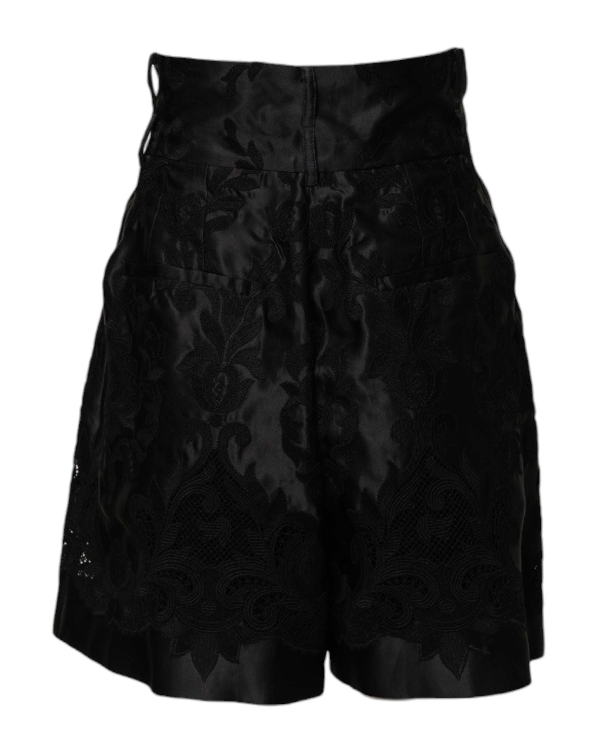 Black Floral Embroidery Silk High Waist Shorts - ventzia