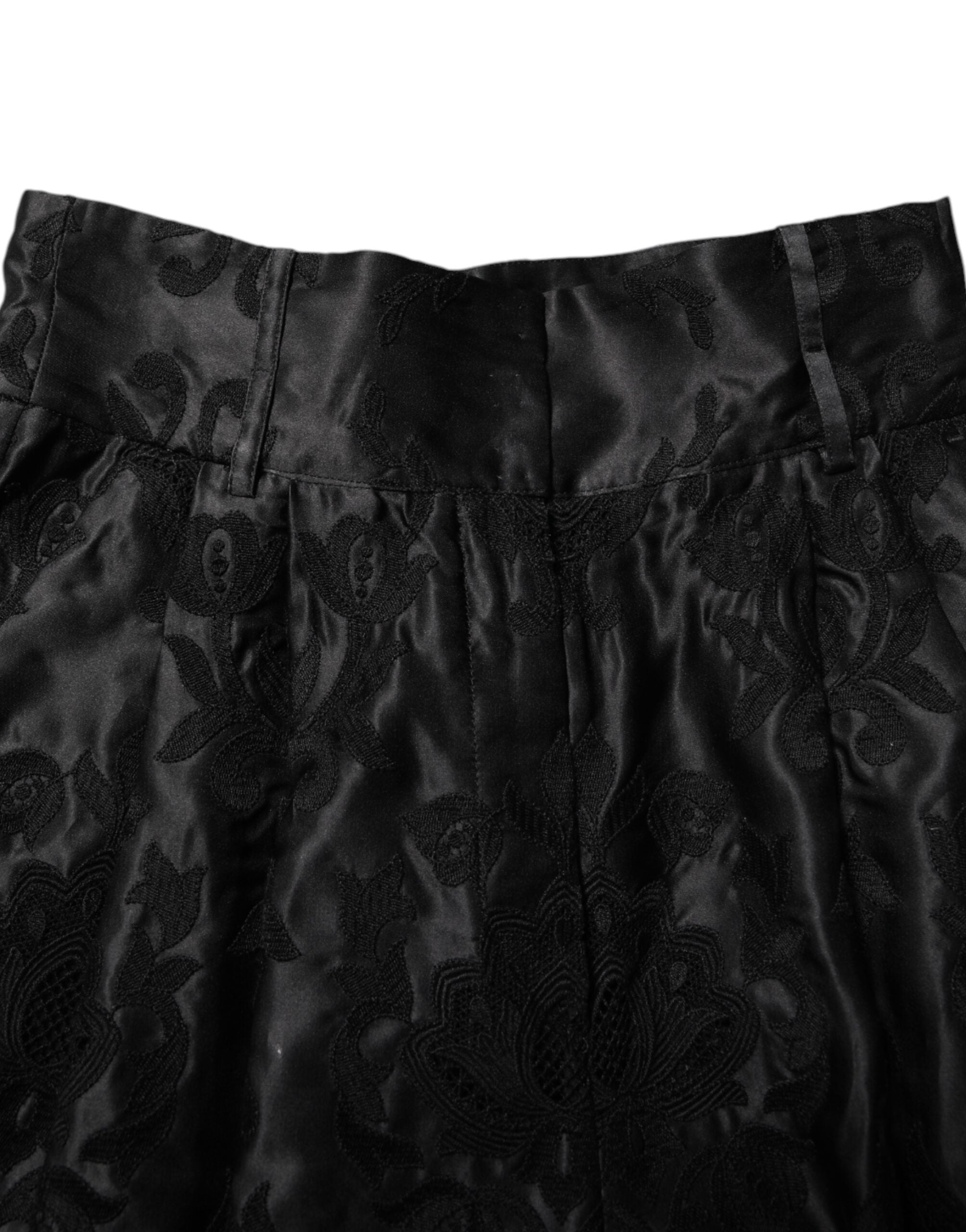 Black Floral Embroidery Silk High Waist Shorts - ventzia