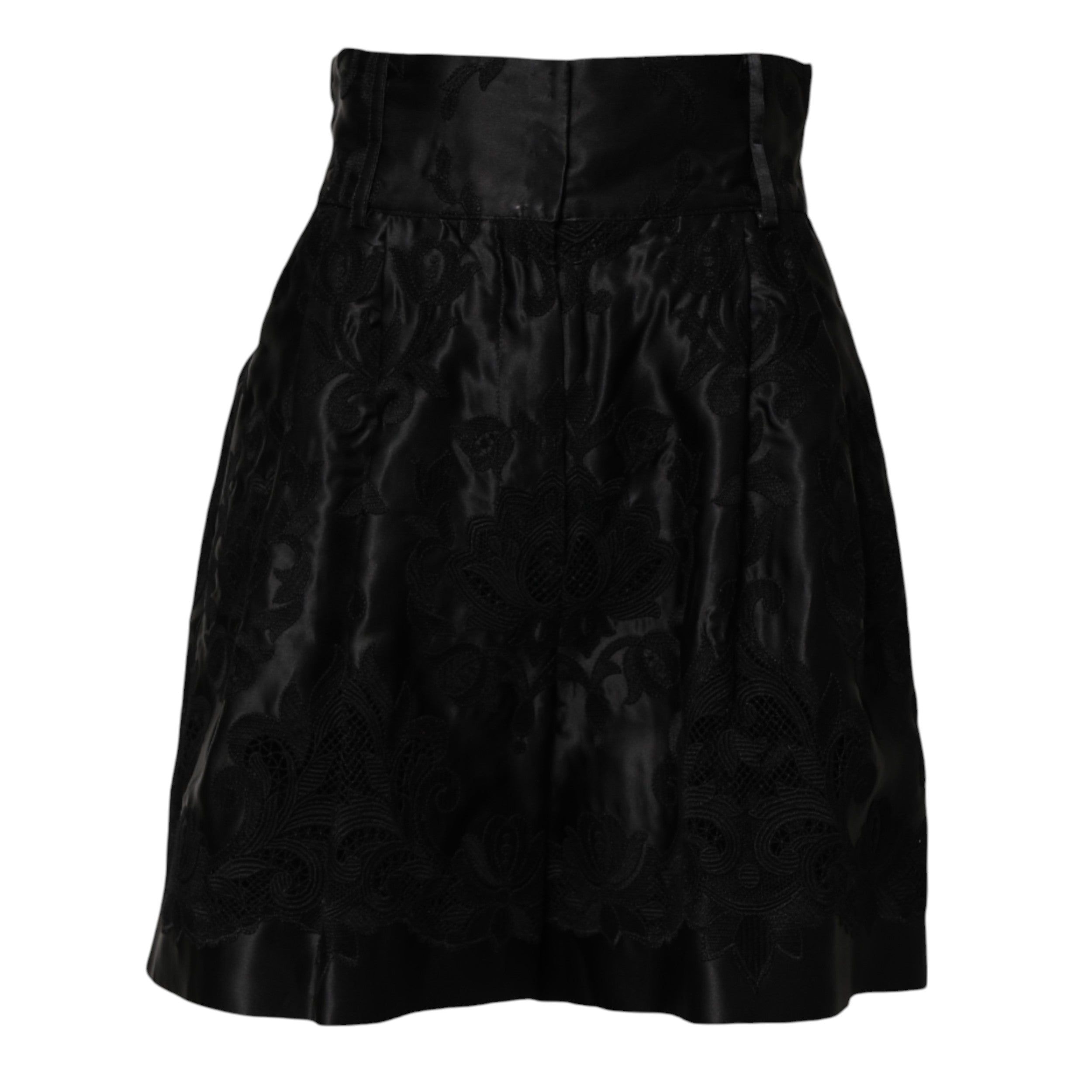Black Floral Embroidery Silk High Waist Shorts - ventzia